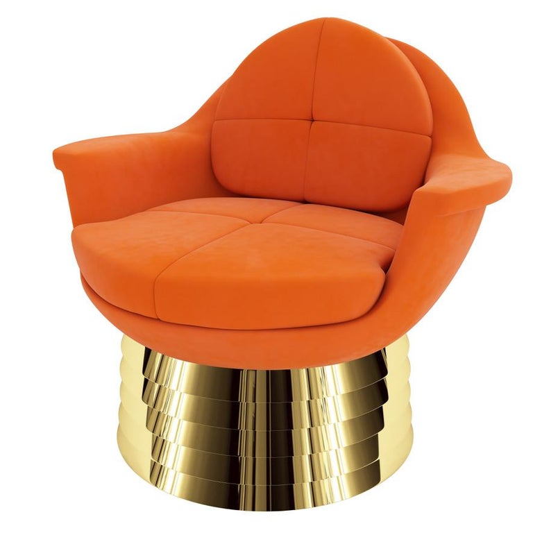 Orange Velvet Lounge Chair with Polished Brass Base For Sale at 1stDibs
