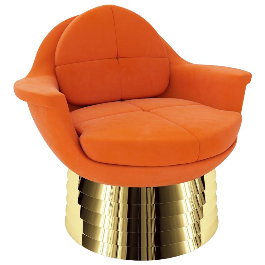 Orange Velvet Lounge Chair with Polished Brass Base