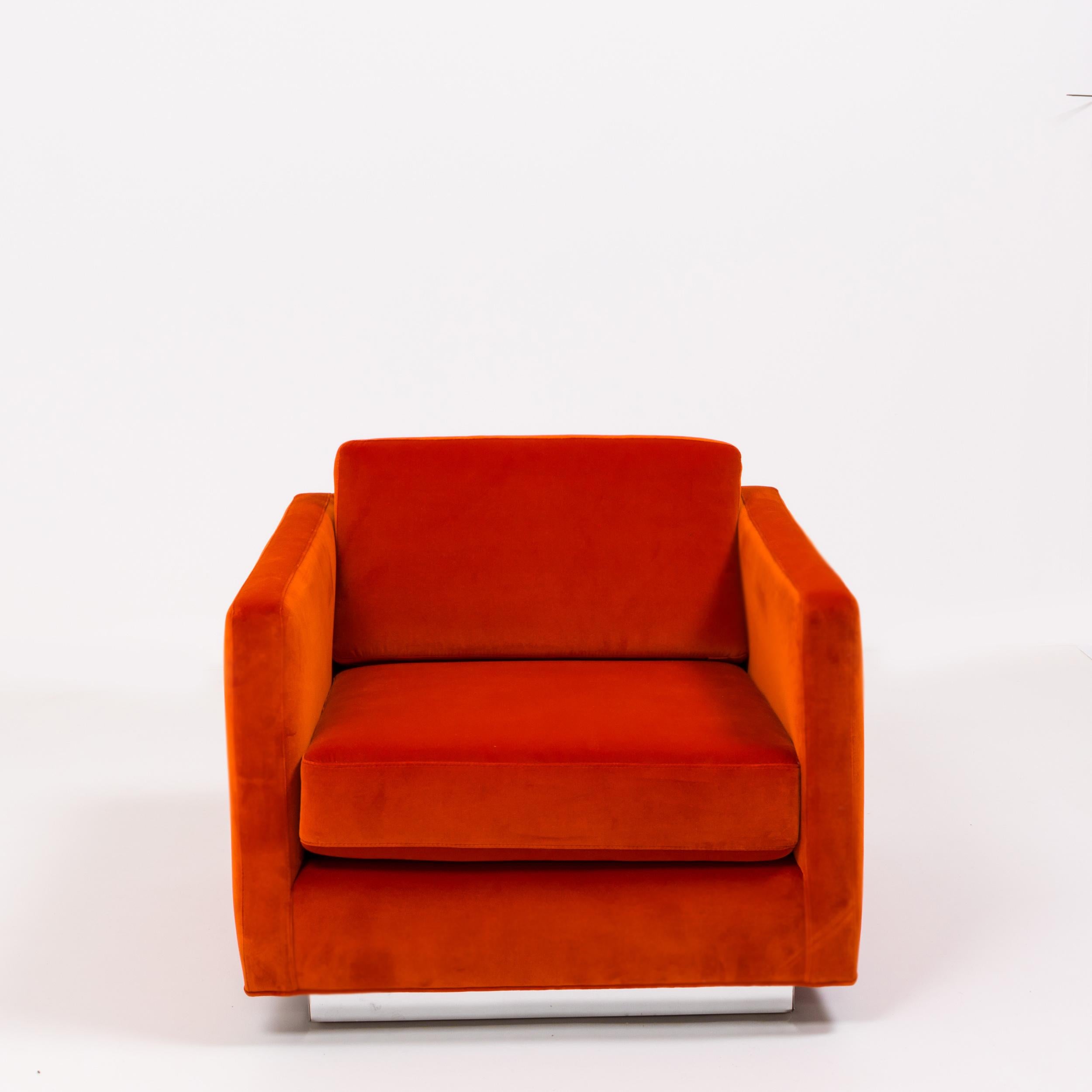 milo baughman armchair in orange velvet
