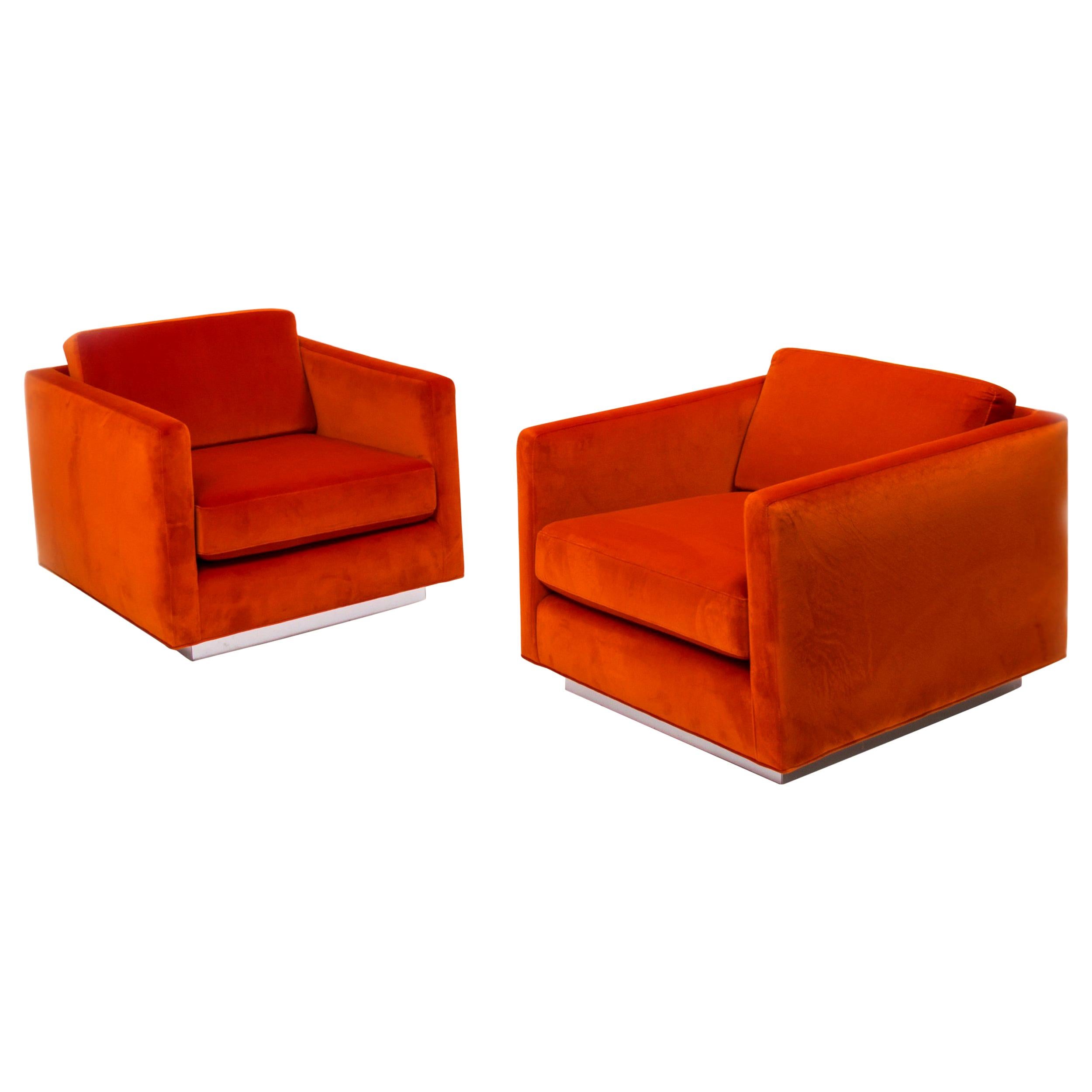 Orange Velvet Milo Baughman Midcentury Armchairs, Set of Two