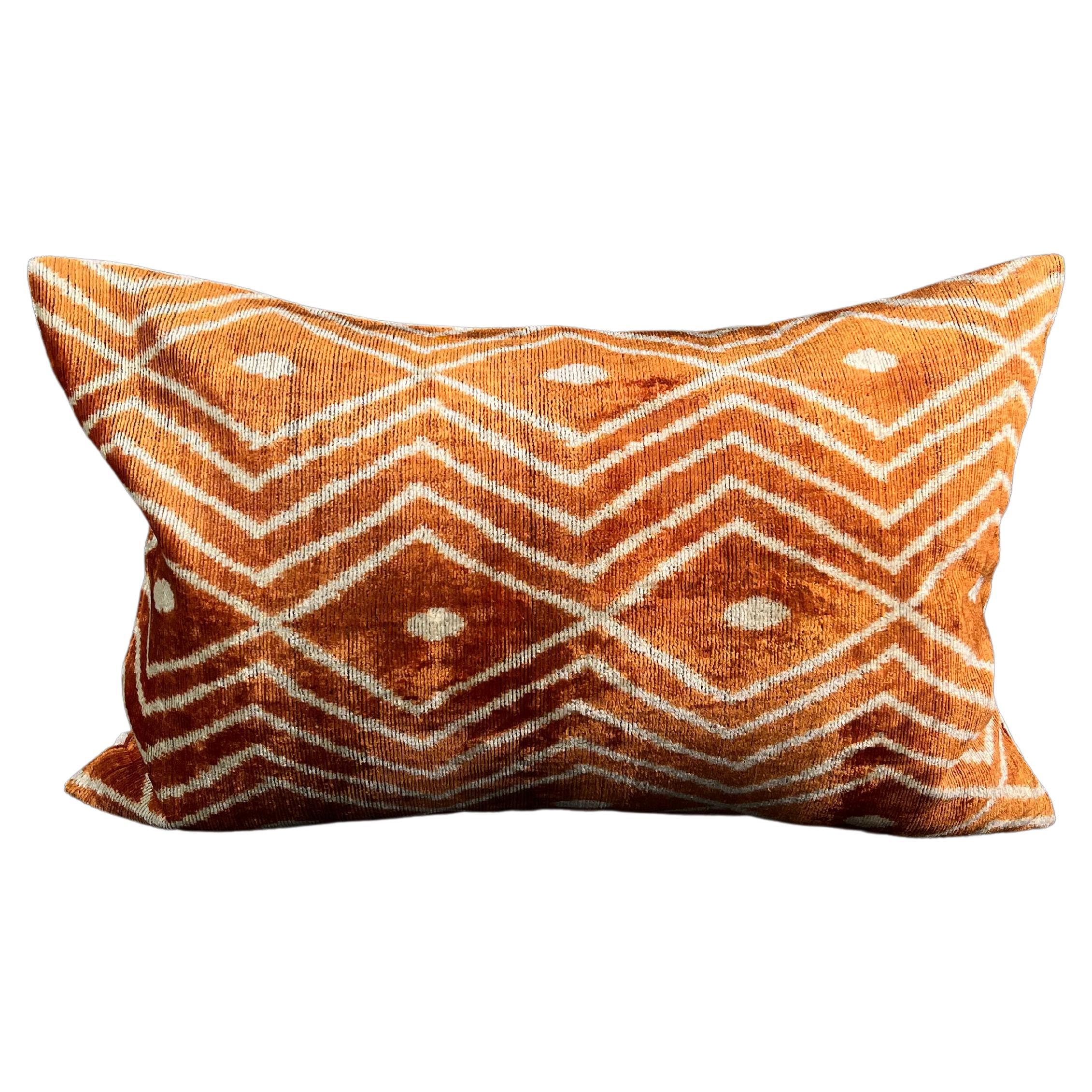 Antique Orange Silk Velvet Applique Bolster Decorative Pillow For Sale at 1stDibs