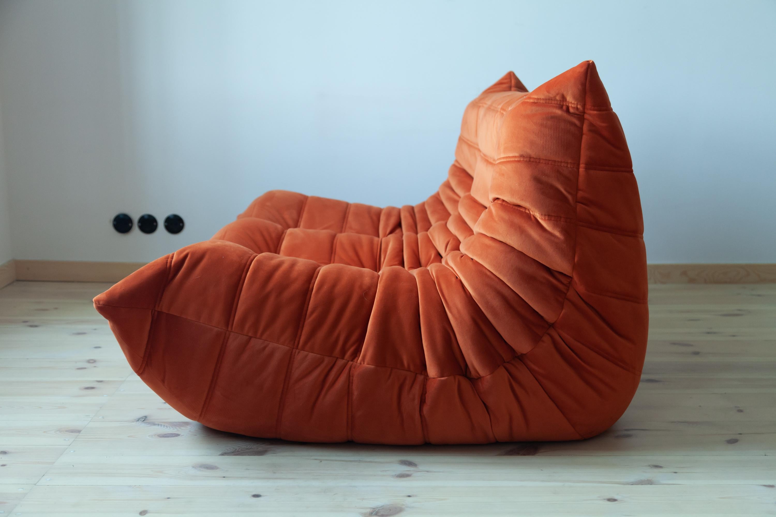 Orange Velvet Togo Sofa Set by Michel Ducaroy for Ligne Roset, Set of 5 For Sale 3