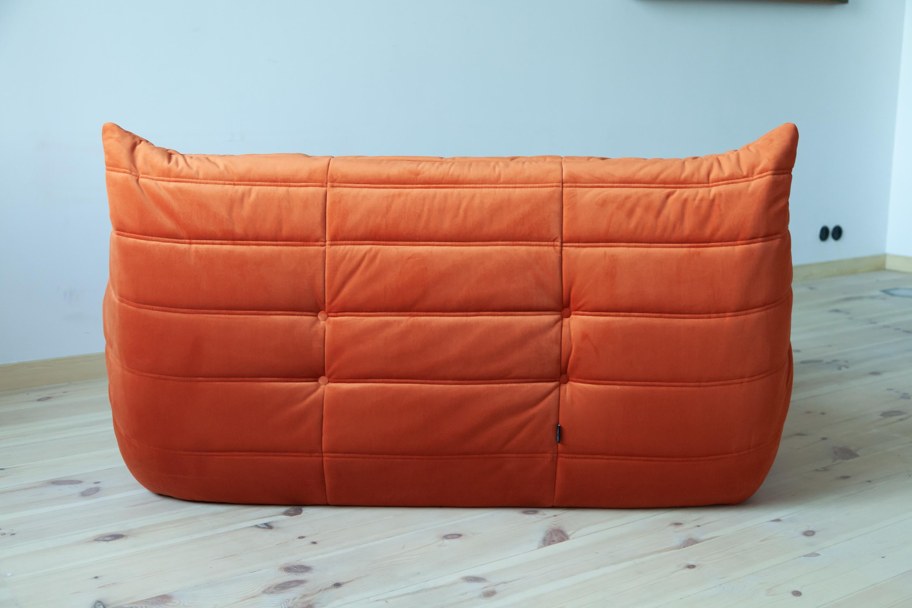 Orange Velvet Togo Sofa Set by Michel Ducaroy for Ligne Roset, Set of 5 For Sale 4