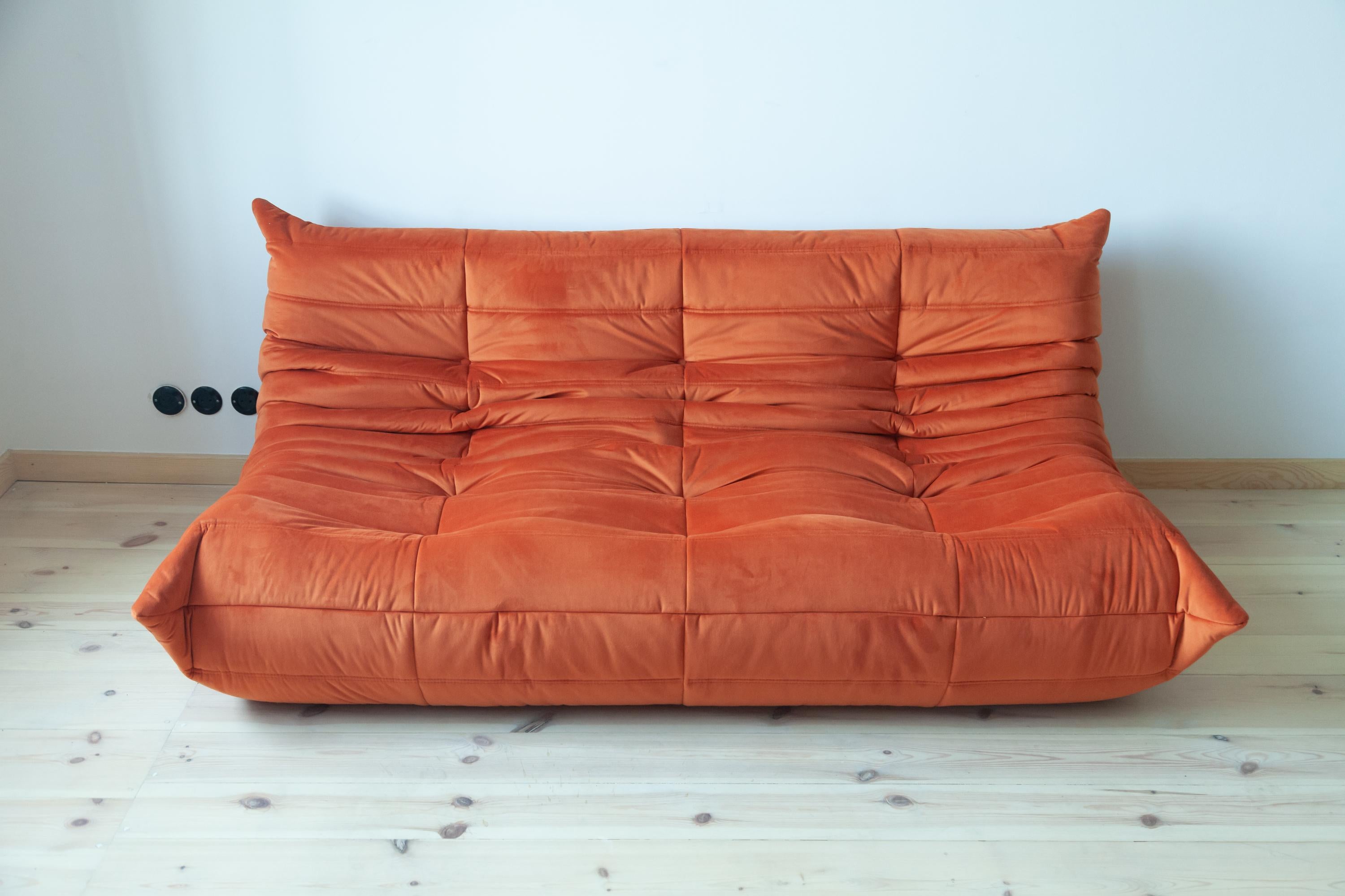 Orange Velvet Togo Sofa Set by Michel Ducaroy for Ligne Roset, Set of 5 For Sale 5