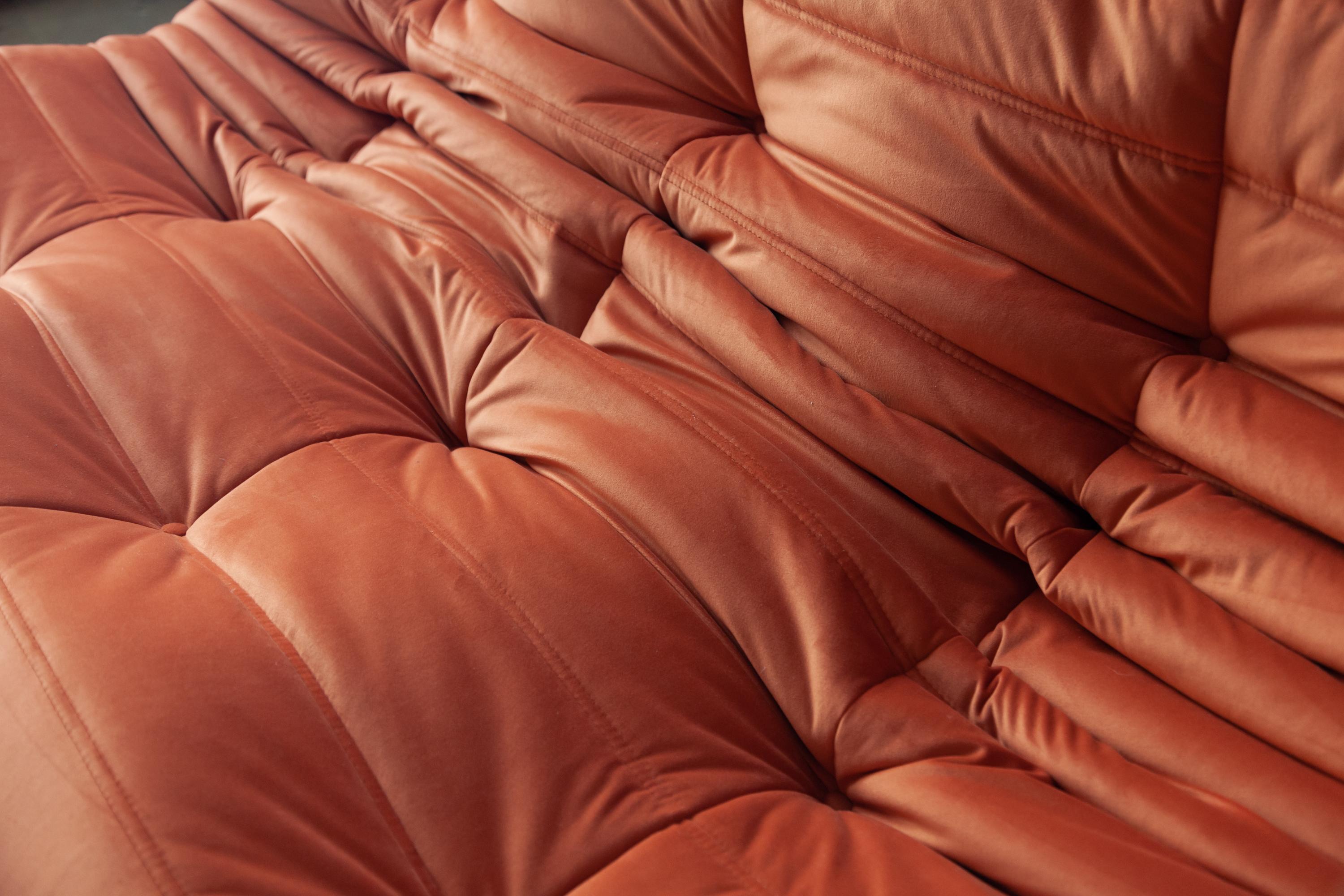 Orange Velvet Togo Sofa Set by Michel Ducaroy for Ligne Roset, Set of 5 For Sale 7