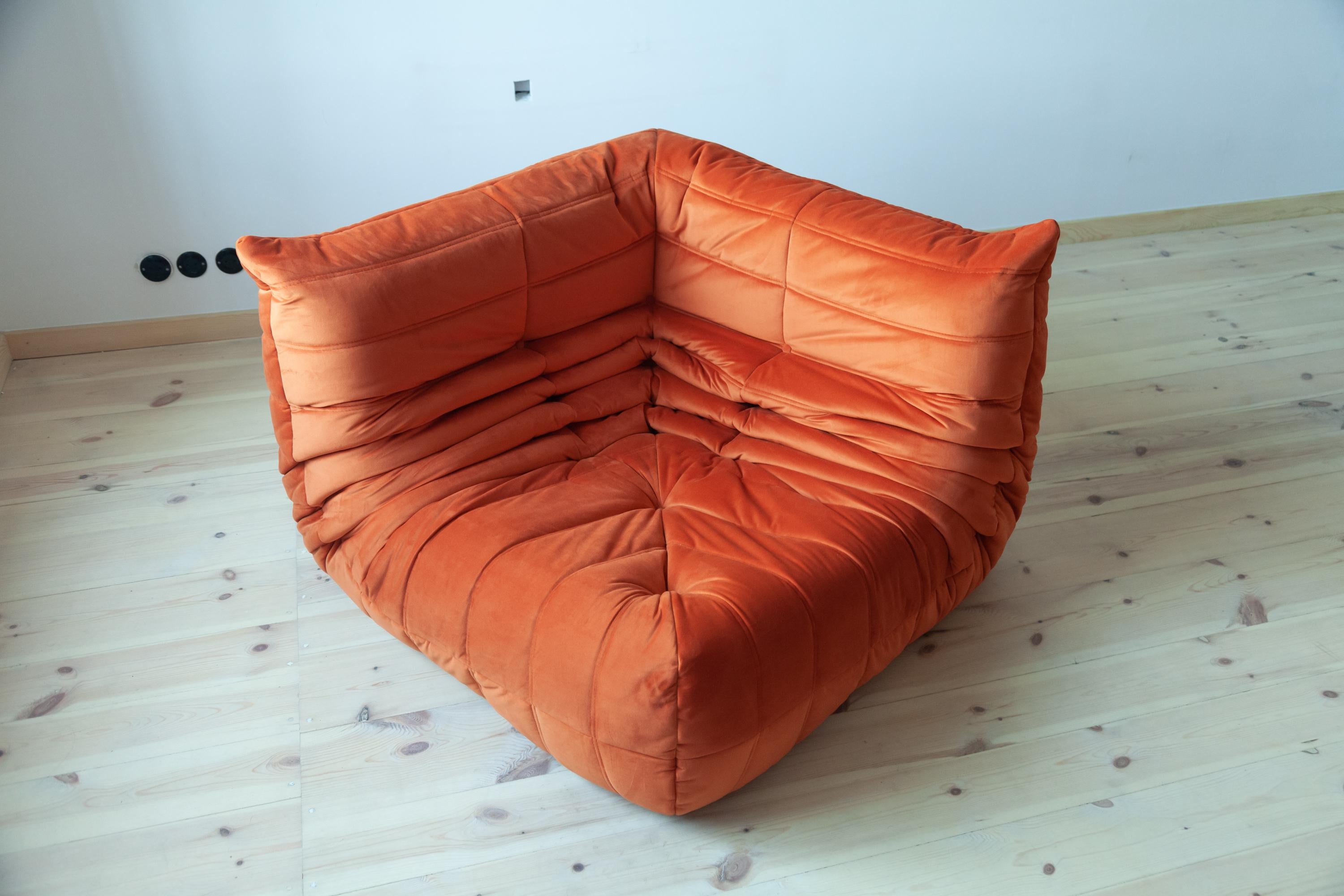 Orange Velvet Togo Sofa Set by Michel Ducaroy for Ligne Roset, Set of 5 For Sale 8