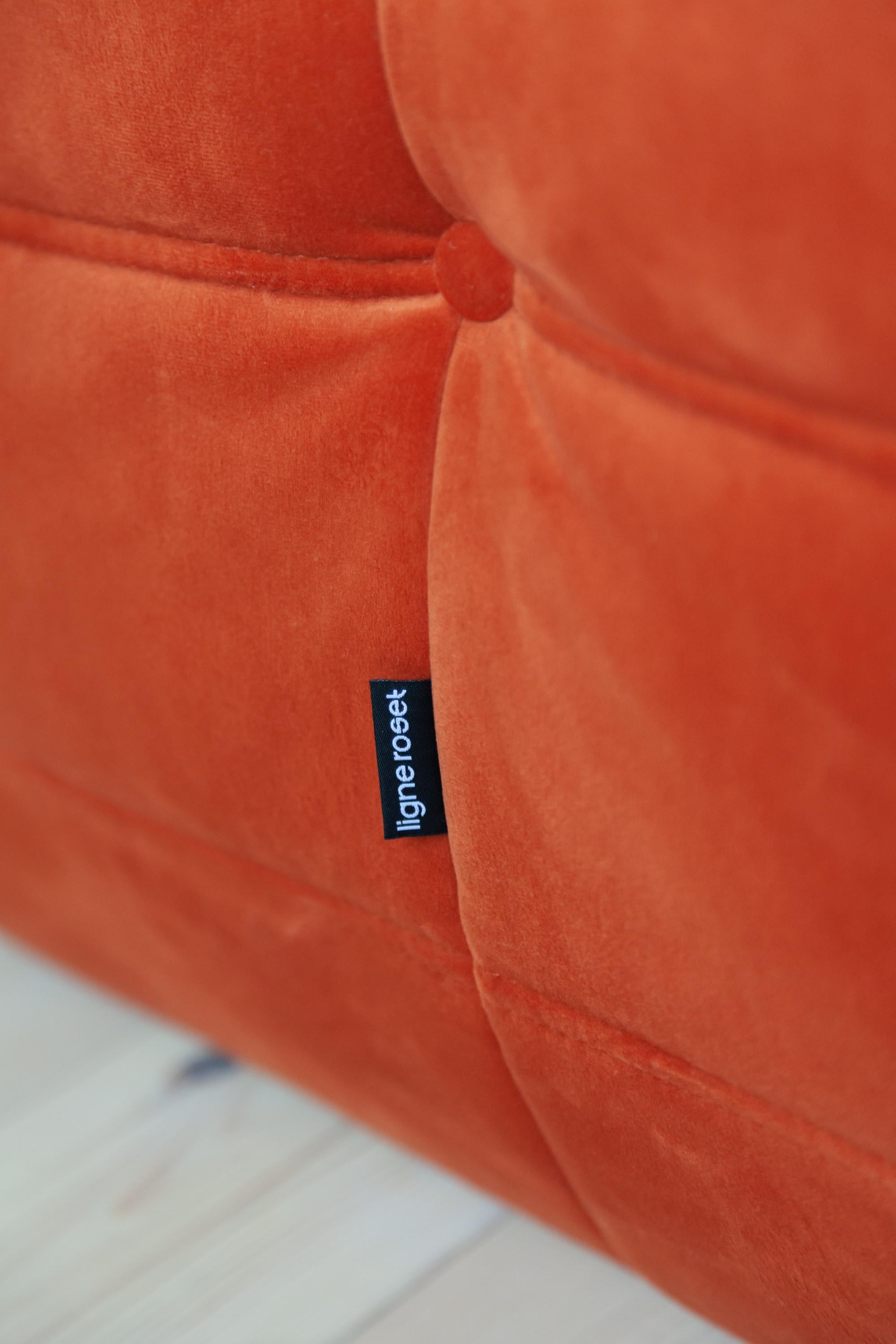 Orange Velvet Togo Sofa Set by Michel Ducaroy for Ligne Roset, Set of 5 For Sale 10