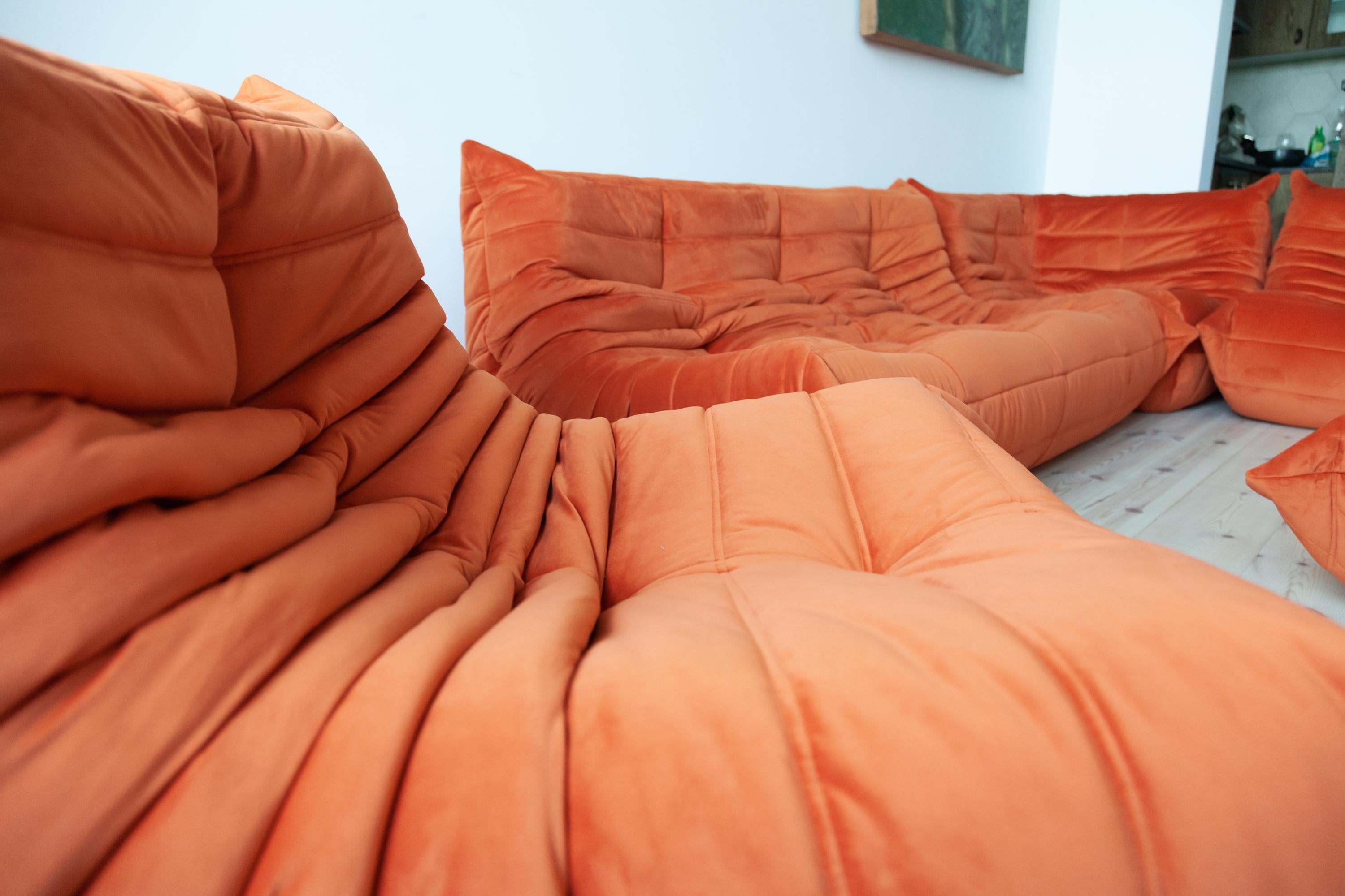 Orange Velvet Togo Sofa Set by Michel Ducaroy for Ligne Roset, Set of 5 For Sale 13