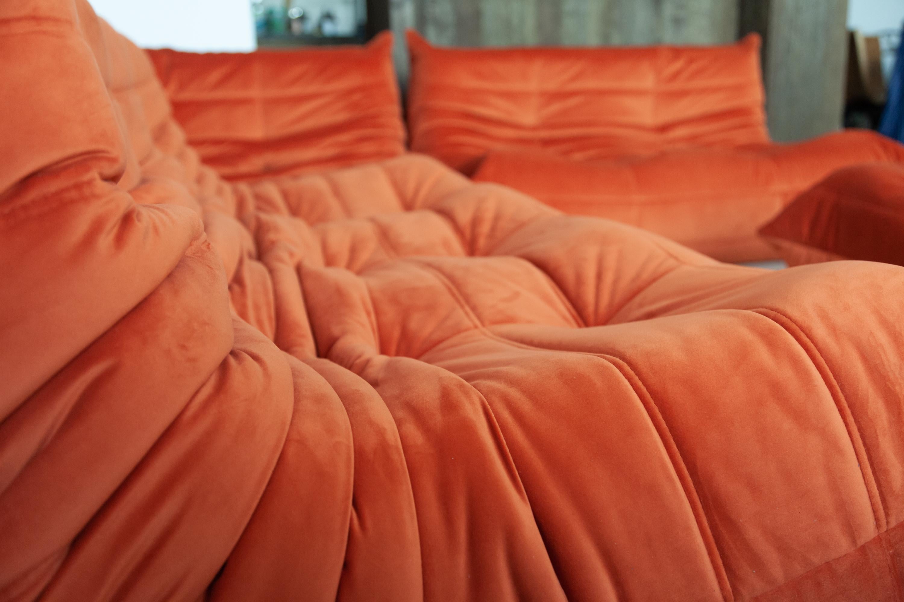 Mid-Century Modern Orange Velvet Togo Sofa Set by Michel Ducaroy for Ligne Roset, Set of 5 For Sale