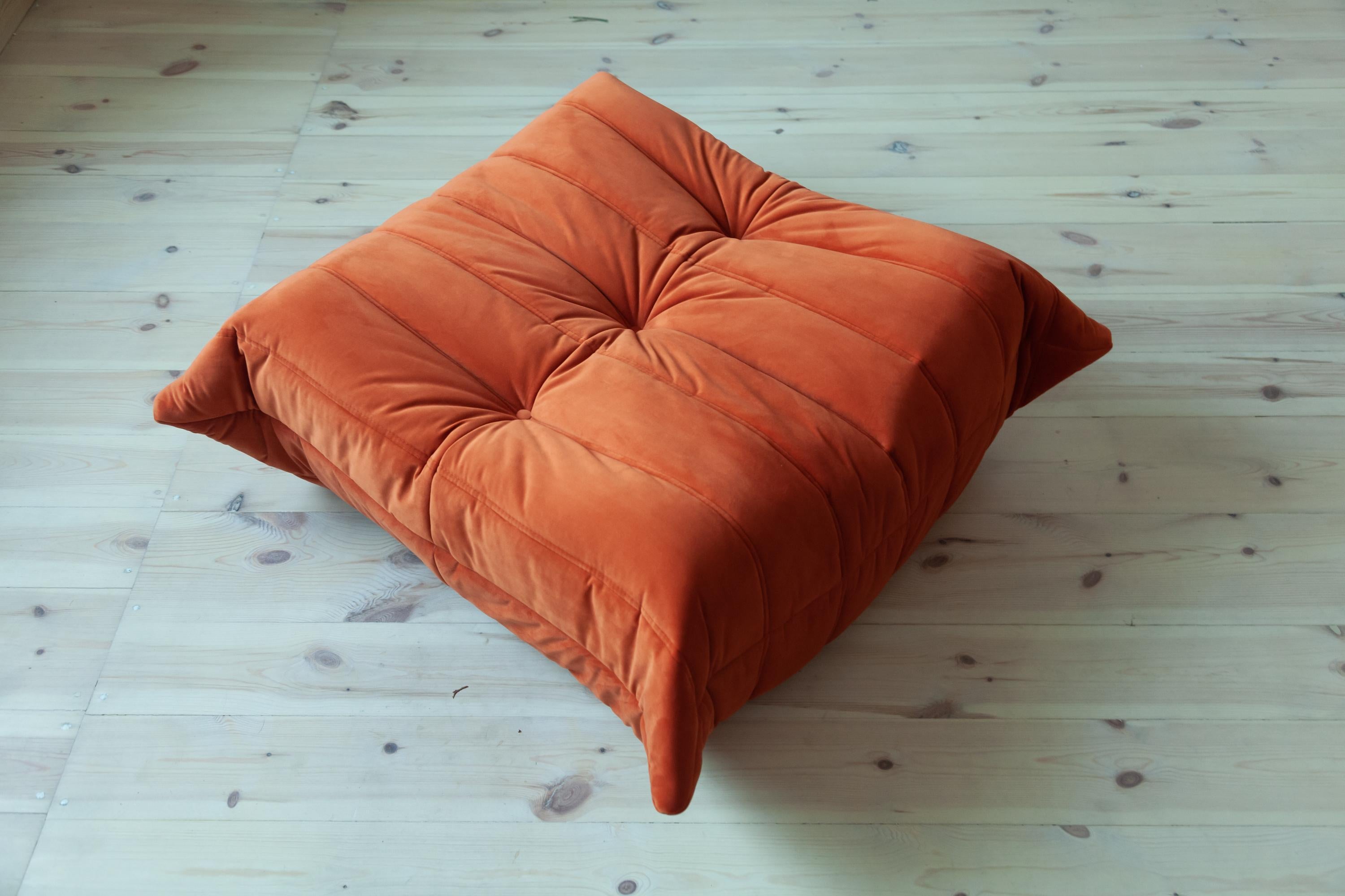 French Orange Velvet Togo Sofa Set by Michel Ducaroy for Ligne Roset, Set of 5 For Sale