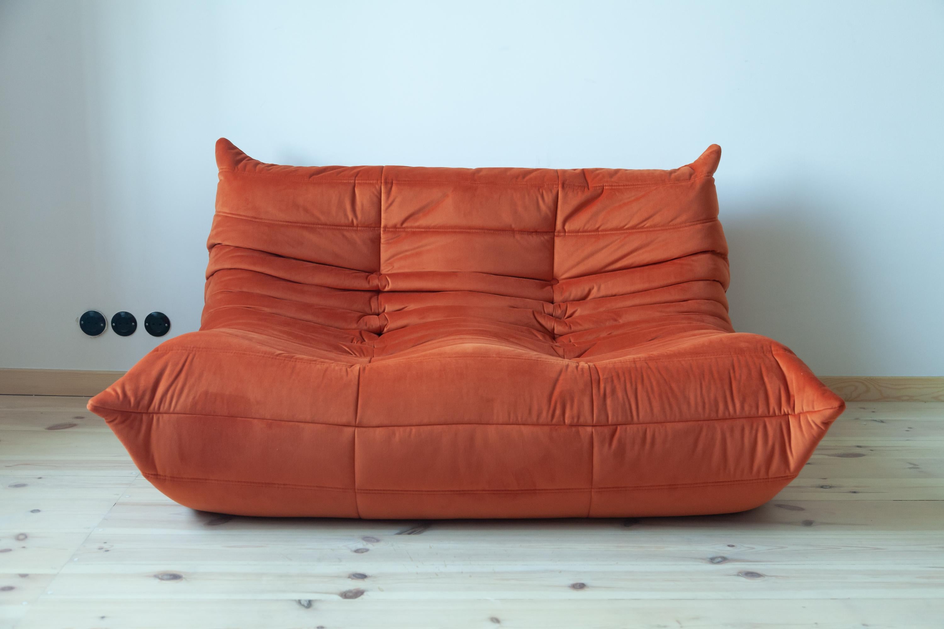 Orange Velvet Togo Sofa Set by Michel Ducaroy for Ligne Roset, Set of 5 For Sale 2