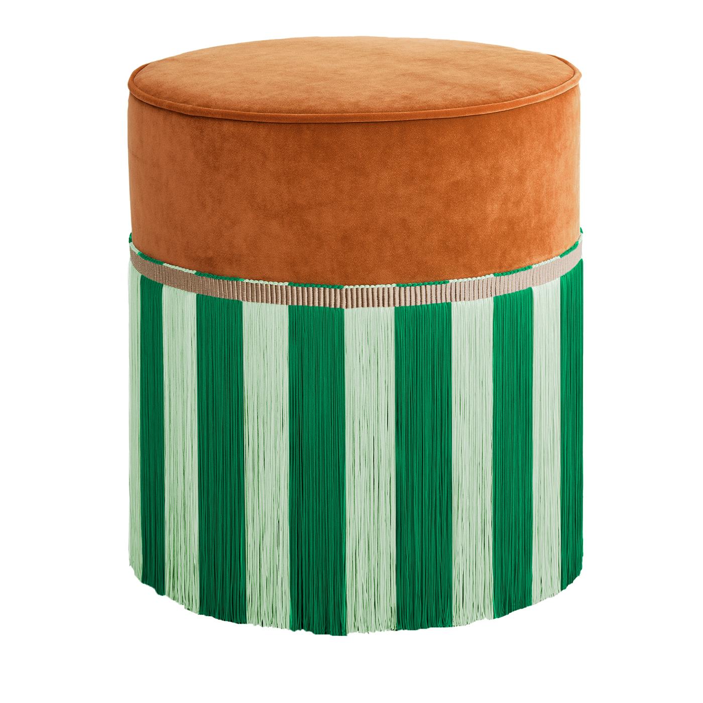 Hocker aus orangefarbenem Samt mit zweifarbigen Fransen (Textil) im Angebot