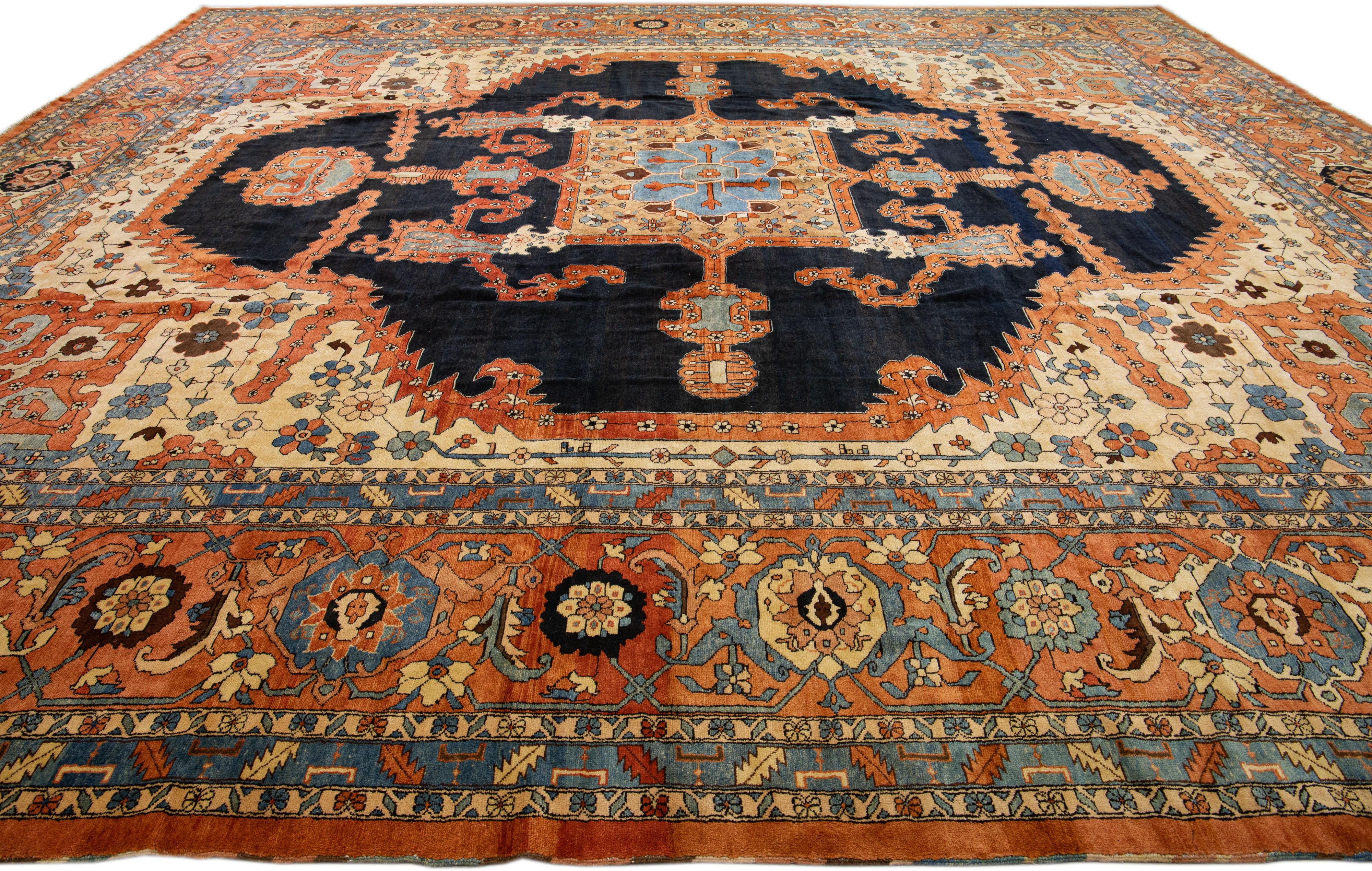 Orange Vinatge Persian Serapi Handmade Wool Rug with Medallion Motif In Distressed Condition For Sale In Norwalk, CT