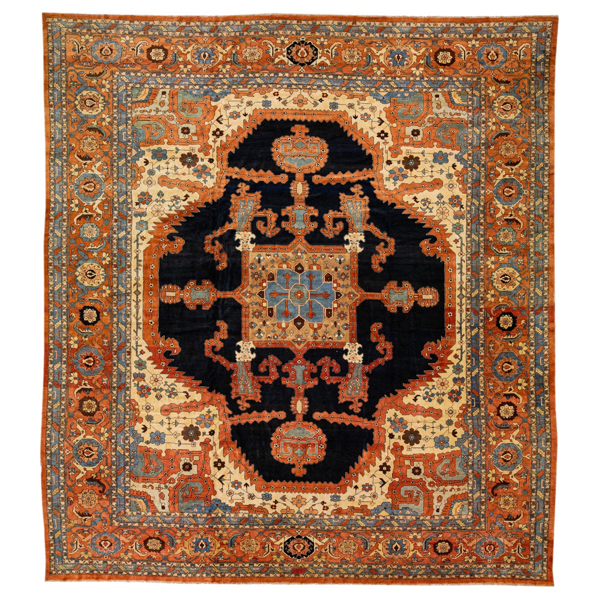 Tapis persan Serapi vintage orange en laine fait à la main avec motif de médaillon