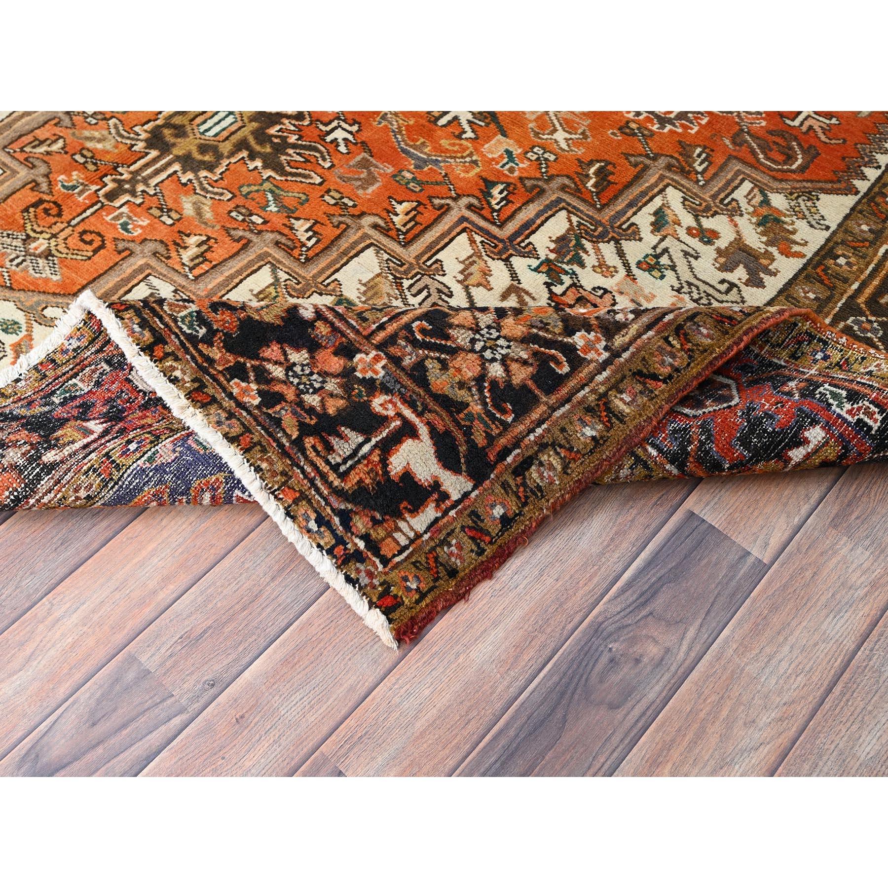 Orange Vintage Heriz Persian Design Abrash Clean Hand Knotted Natural Wool Rug For Sale 1