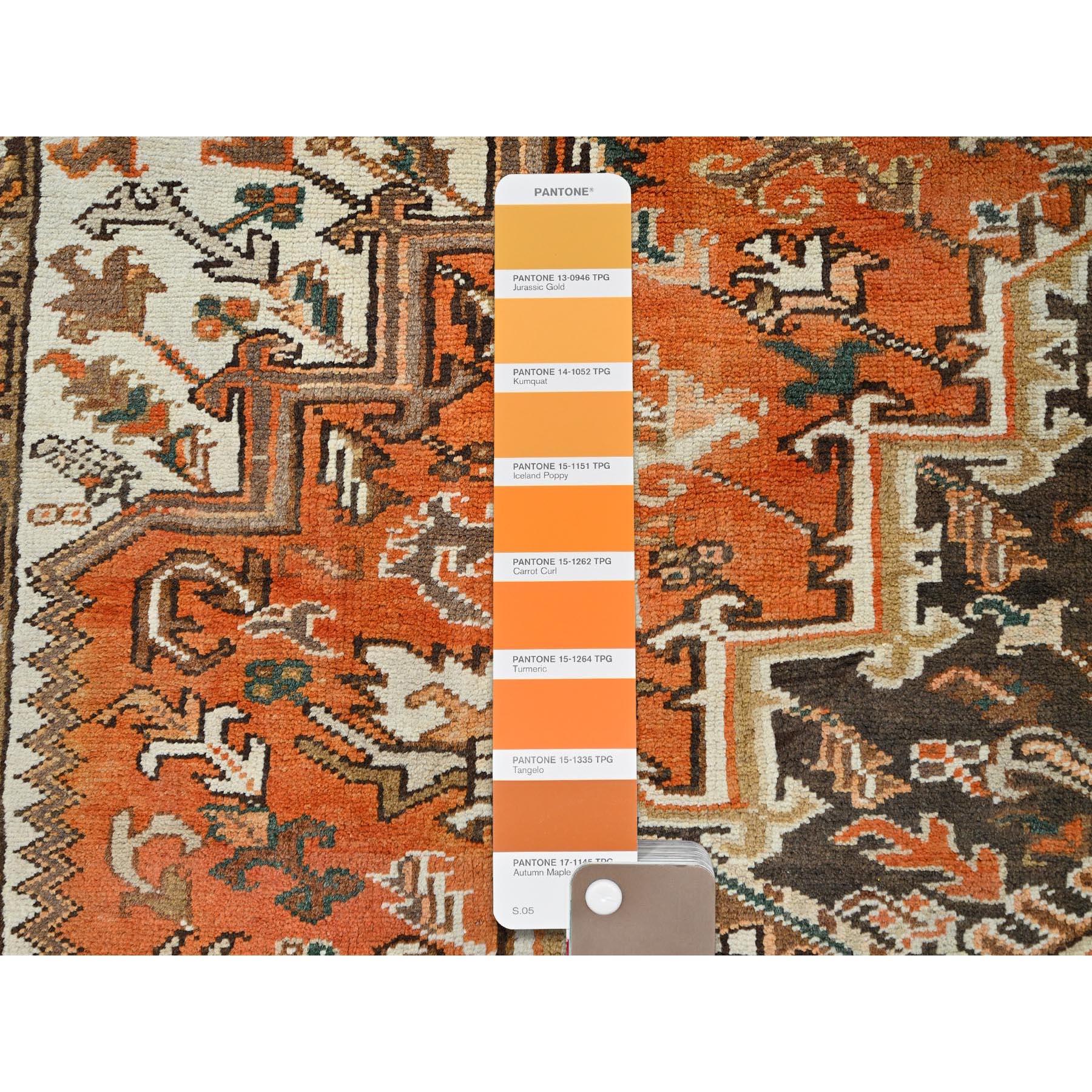 Orange Vintage Heriz Persian Design Abrash Clean Hand Knotted Natural Wool Rug For Sale 2