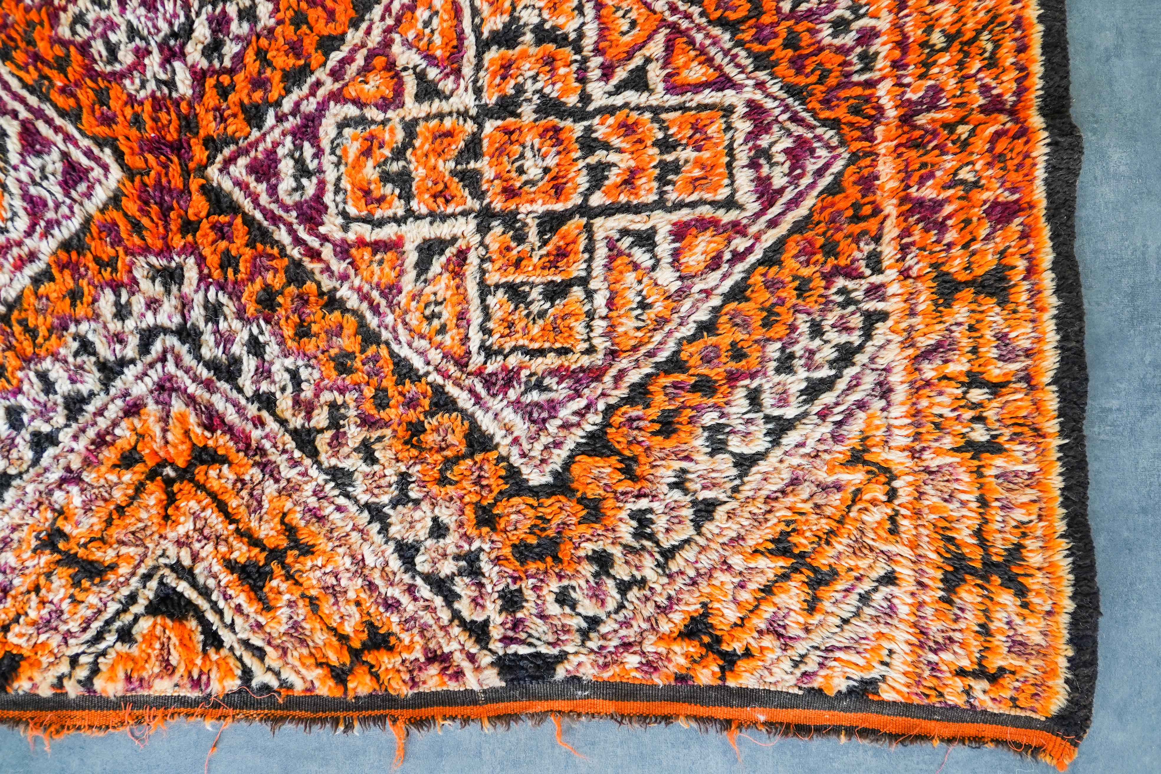 Art Deco Orange Vintage Moroccan rug from 70s  100% wool  5.2x11 Ft 160x330 Cm For Sale