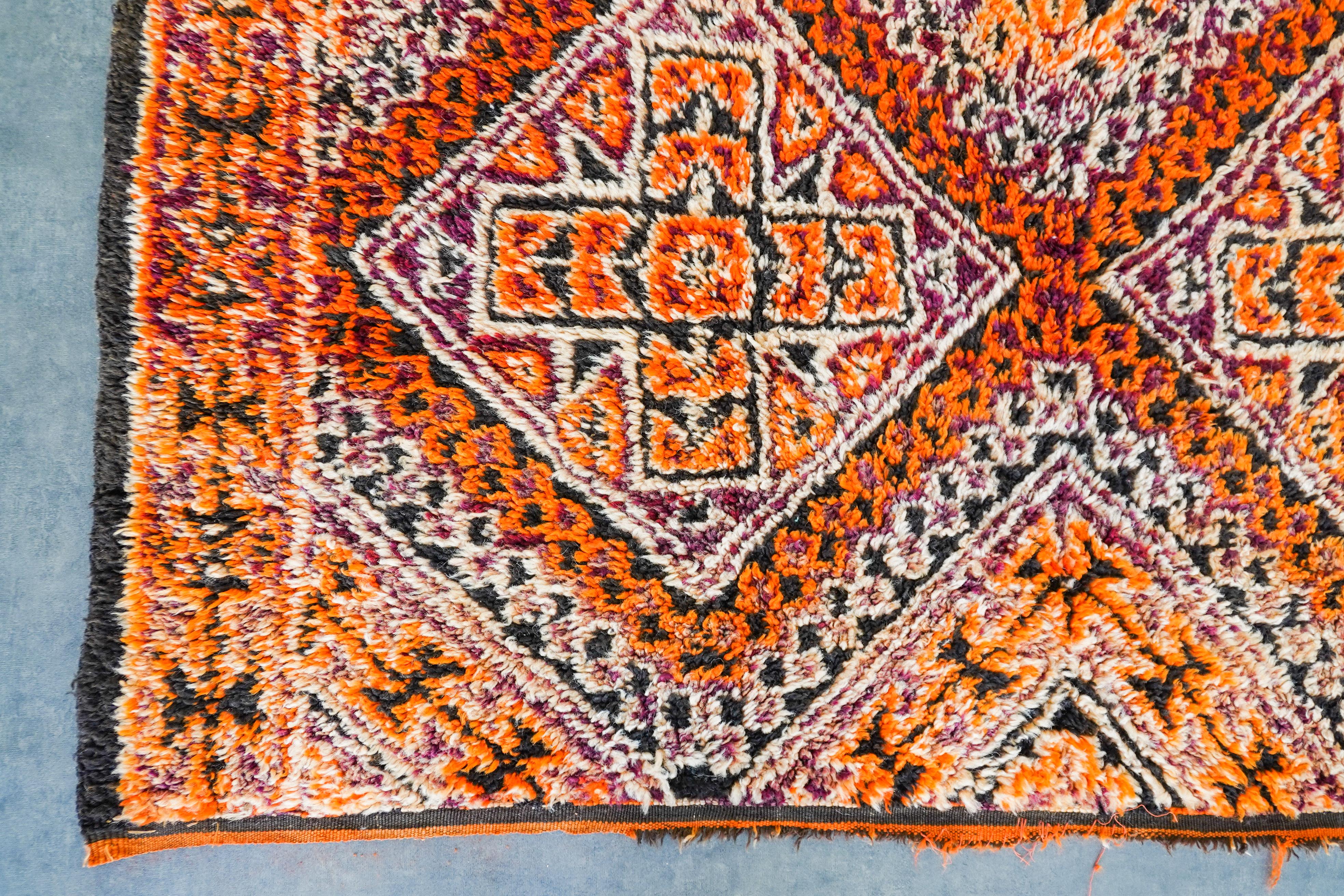 Hand-Knotted Orange Vintage Moroccan rug from 70s  100% wool  5.2x11 Ft 160x330 Cm For Sale