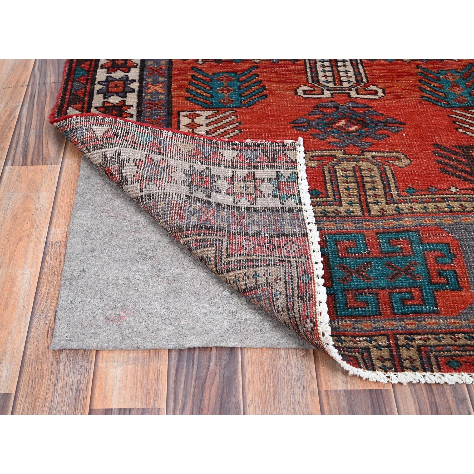 Hand-Knotted Orange Vintage Persian Heriz Clean Hand Knotted Distressed Pure Wool Runner Rug For Sale