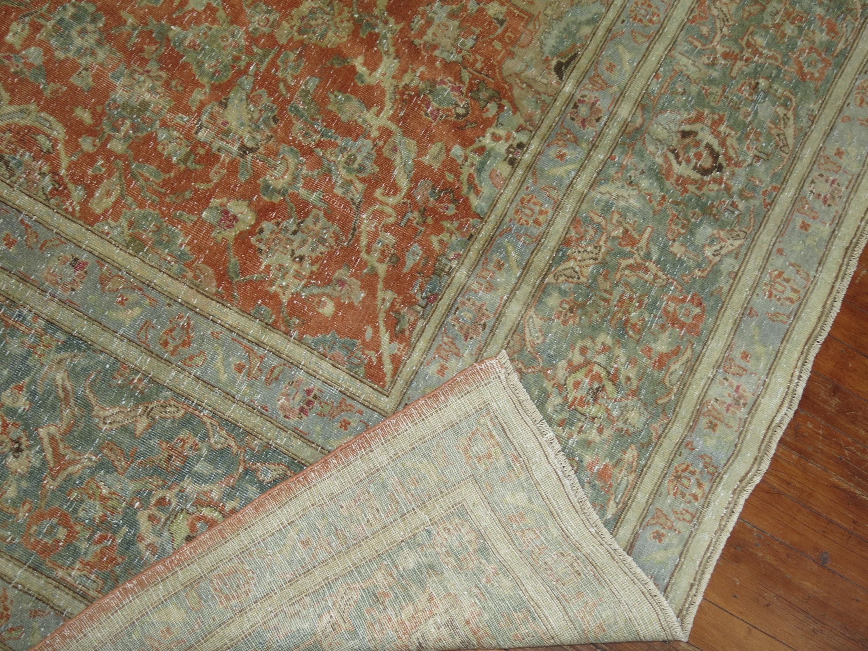 Wool Orange Vintage Persian Kashan Carpet