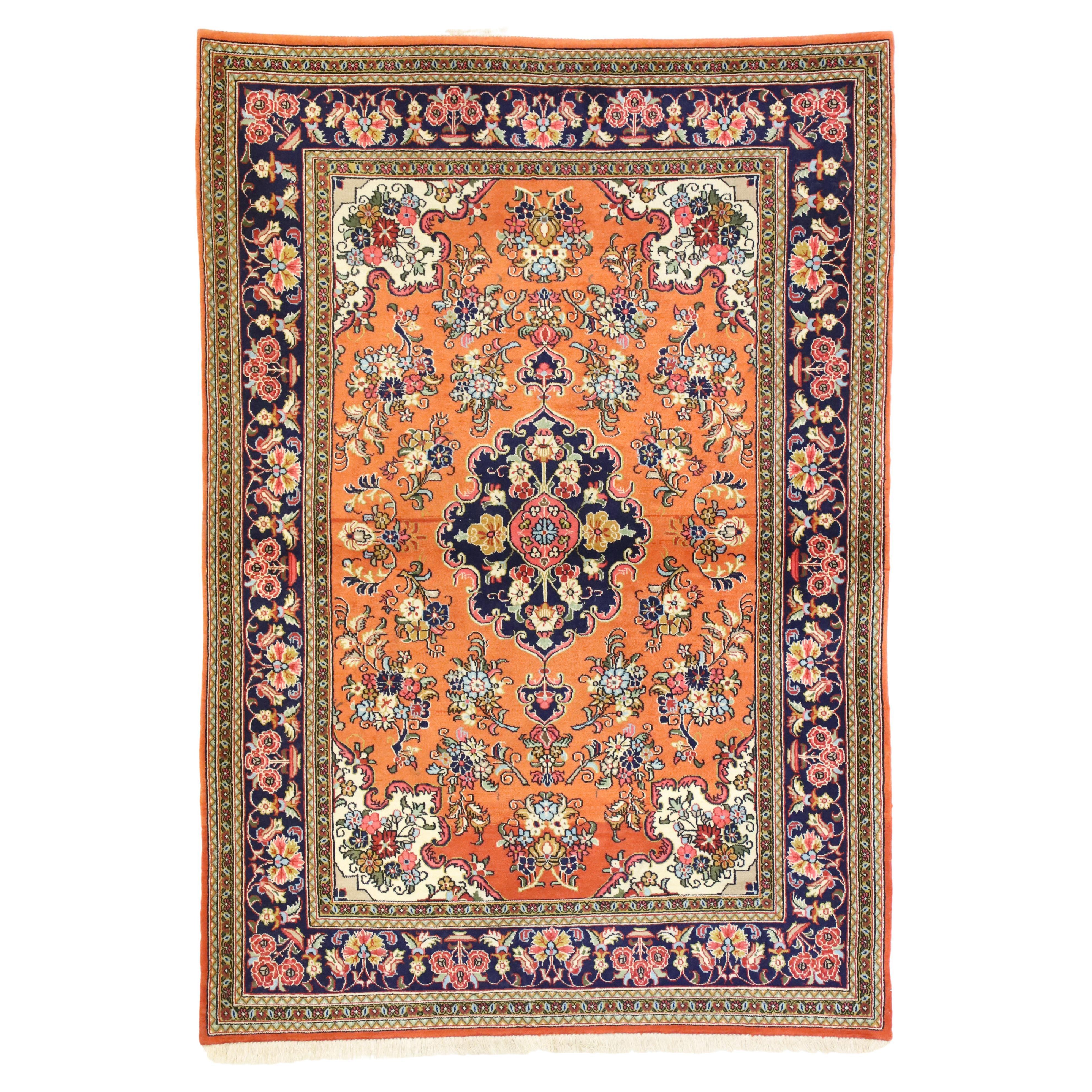 Orange Vintage Persian Qum Floral Silk Rug with French Rococo Style For Sale