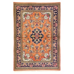Orange Vintage Persian Qum Floral Silk Rug with French Rococo Style
