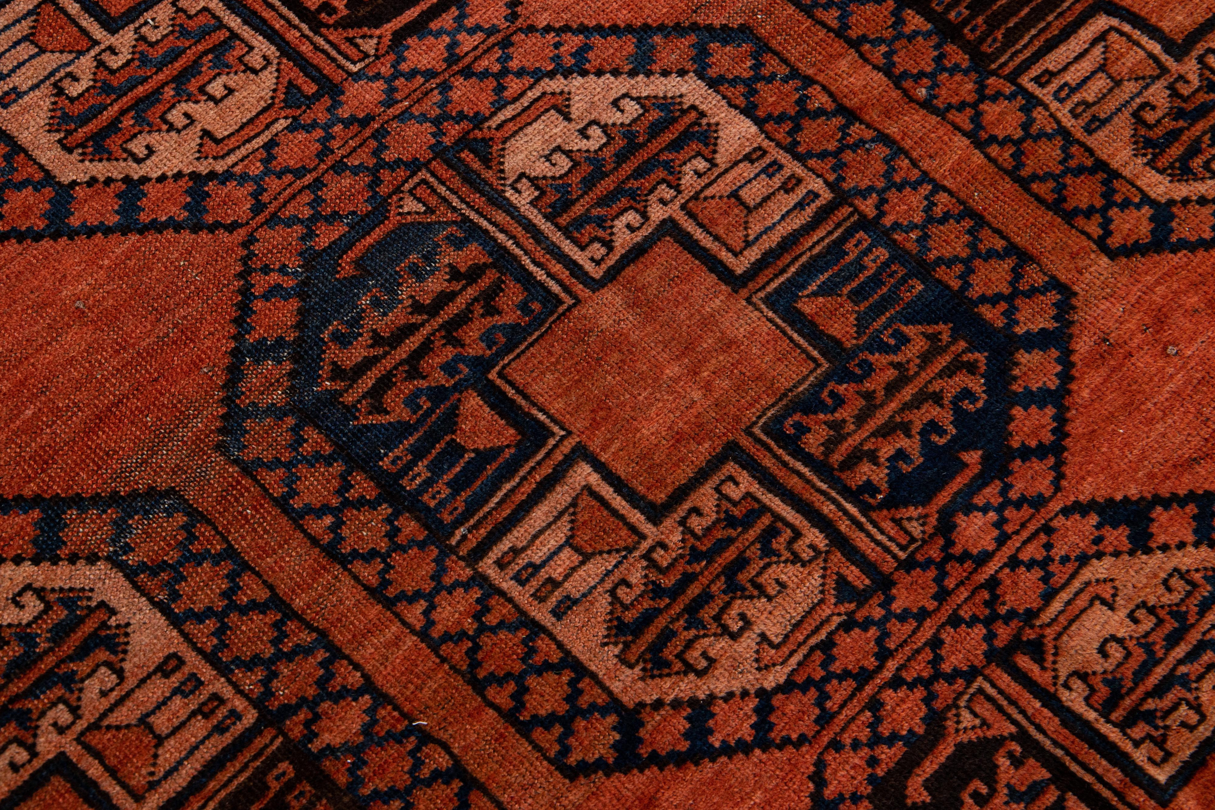 Orange Vintage Persian Turkmen Handmade Geometric Pattern Wool Rug For Sale 4
