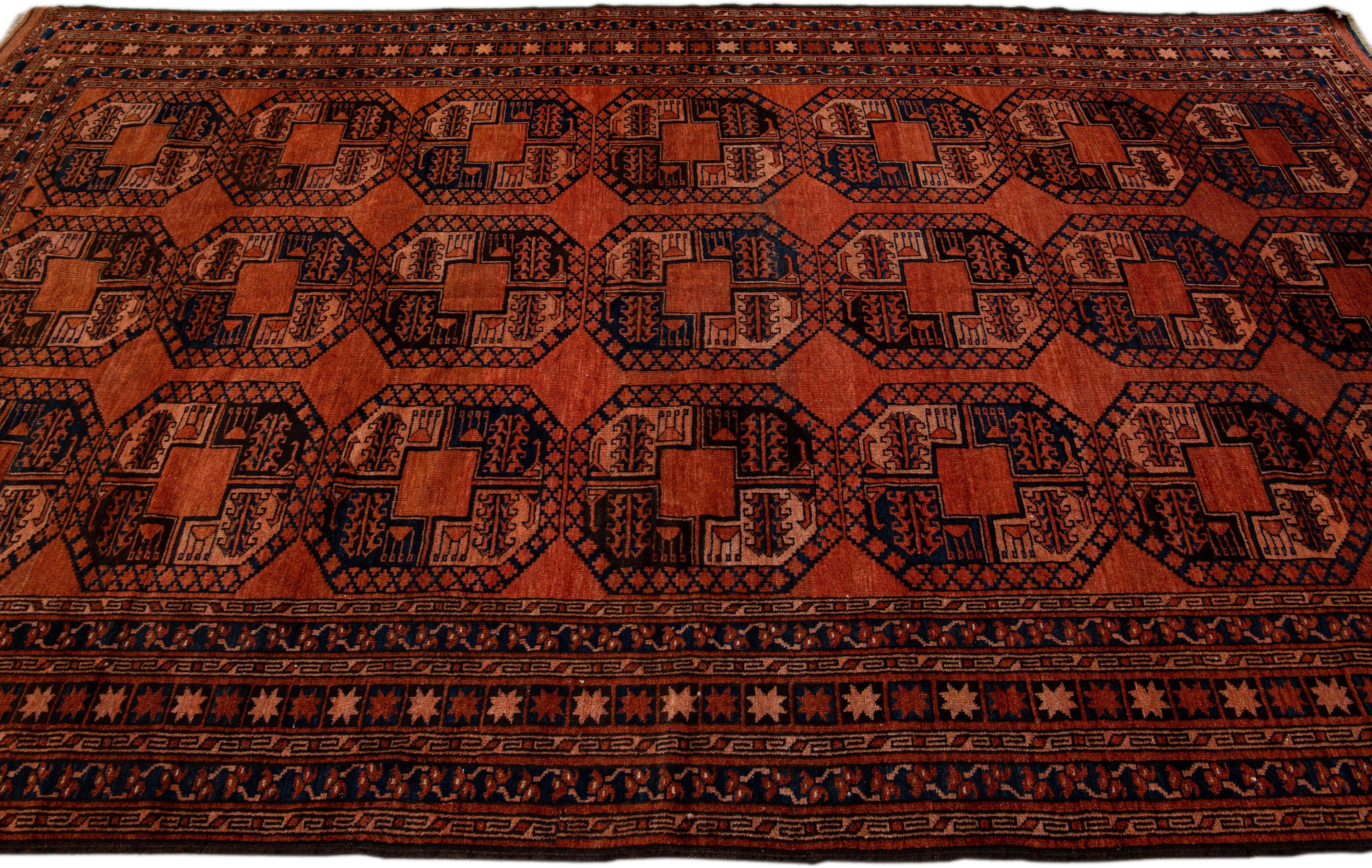 Hand-Knotted Orange Vintage Persian Turkmen Handmade Geometric Pattern Wool Rug For Sale