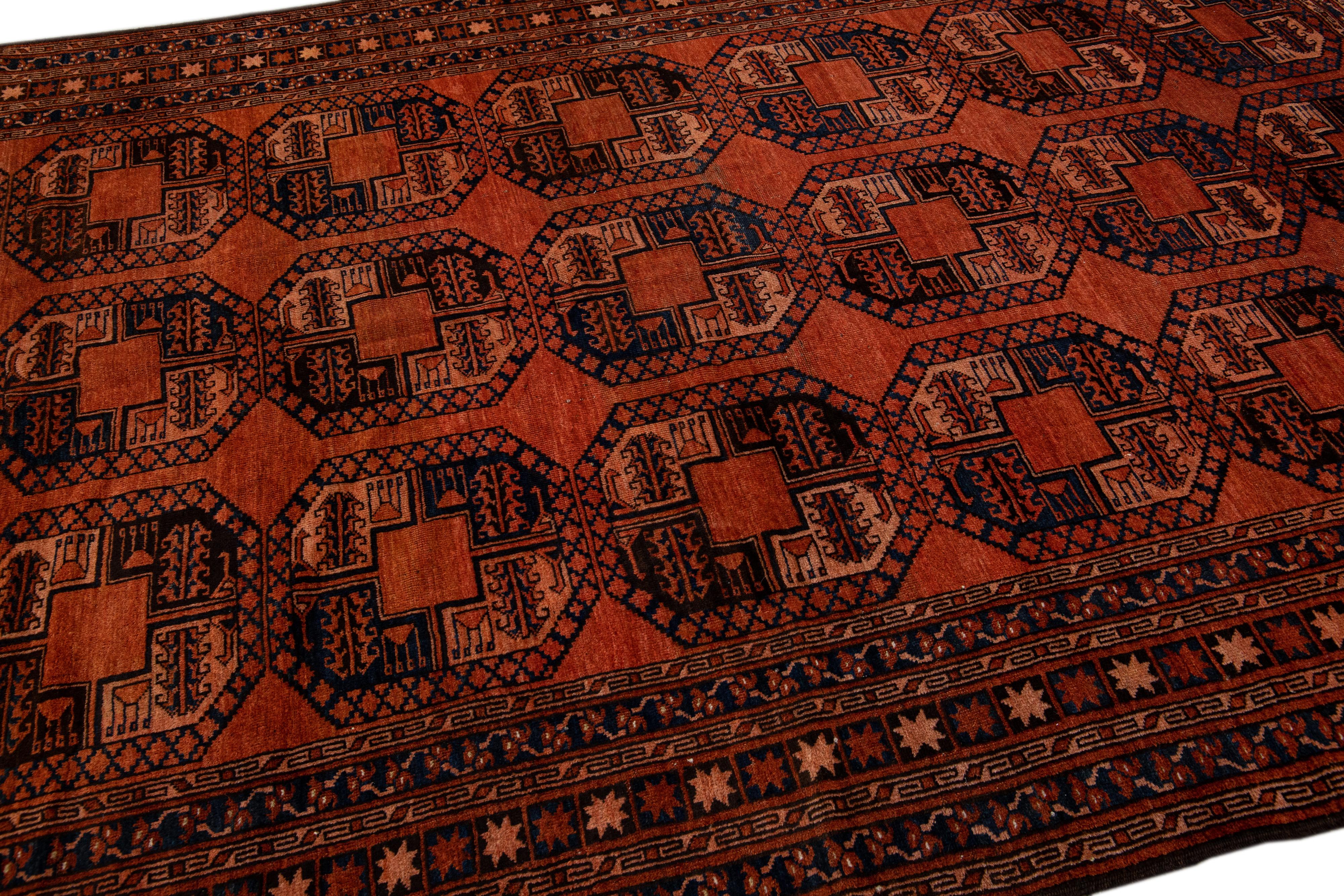Orange Vintage Persian Turkmen Handmade Geometric Pattern Wool Rug In Excellent Condition For Sale In Norwalk, CT