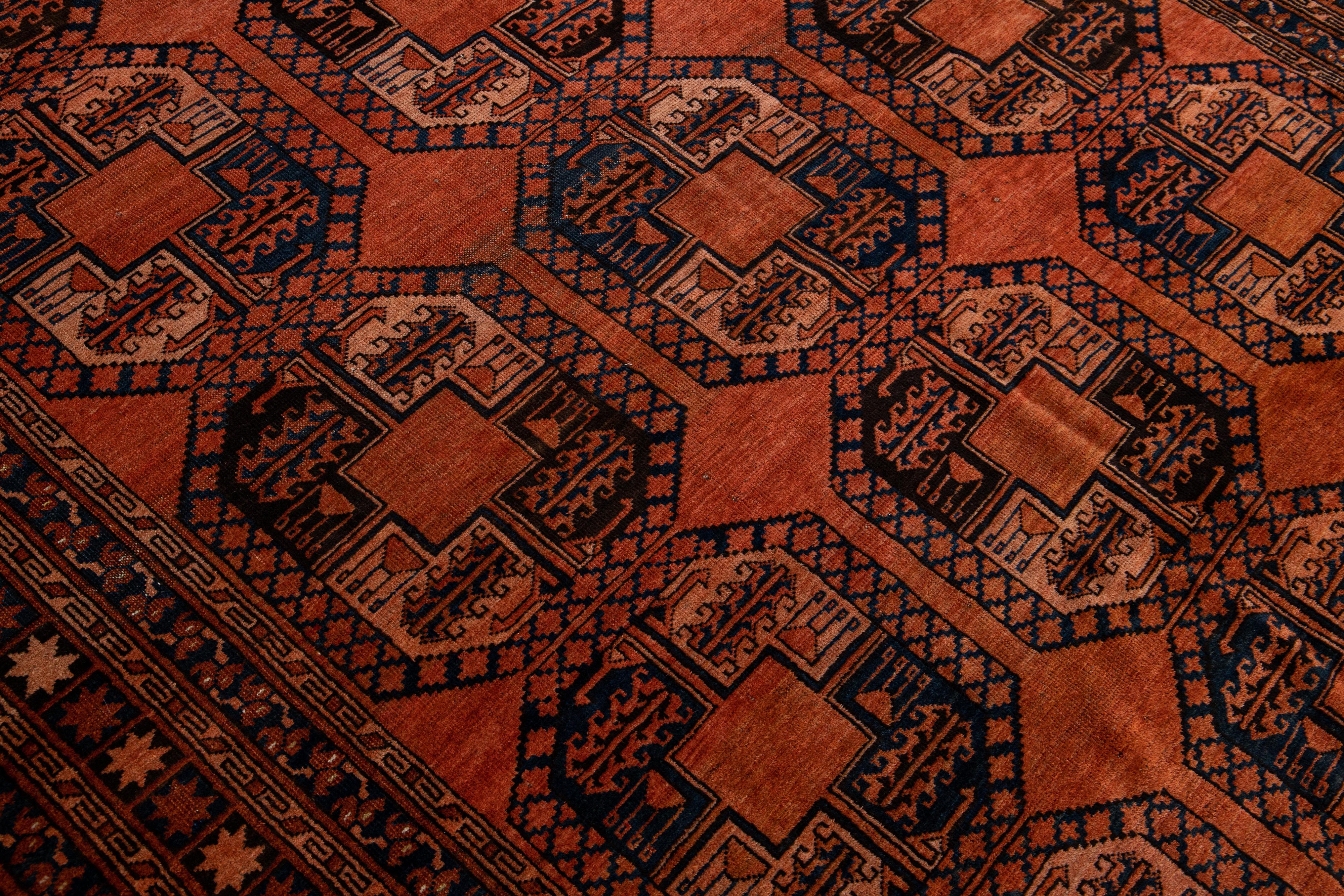 Orange Vintage Persian Turkmen Handmade Geometric Pattern Wool Rug For Sale 3