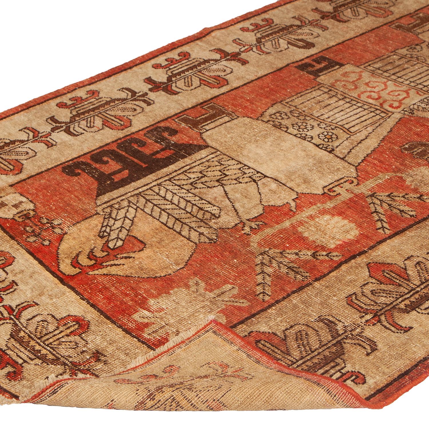 Mongolie abc carpet Tapis Kohtan en laine traditionnelle vintage orange - 4'4