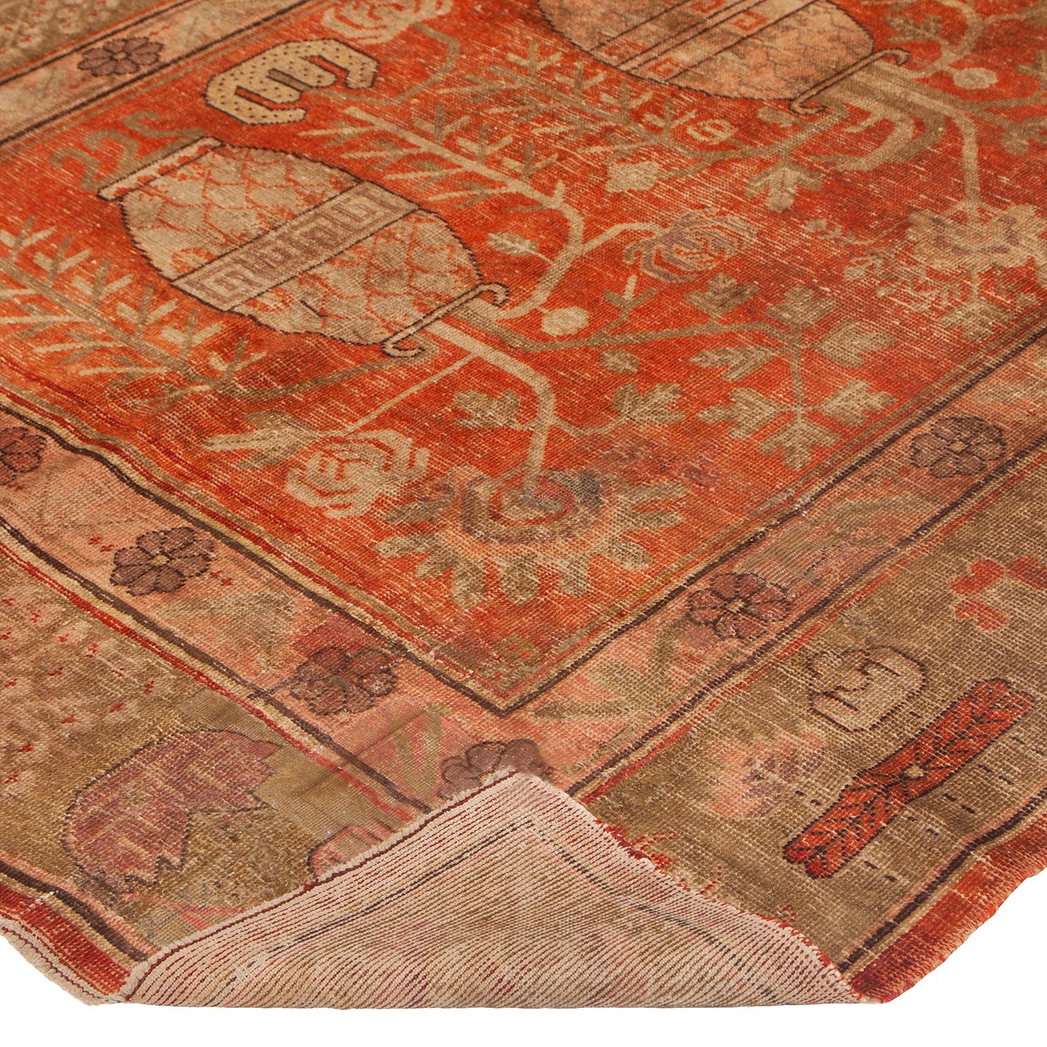 Mongolian abc carpet Orange Vintage Traditional Wool Kohtan Rug - 5'4
