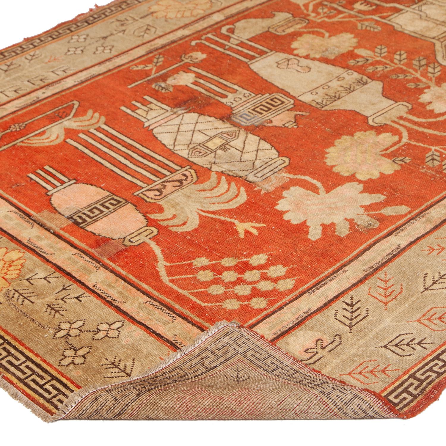 Mongolian abc carpet Orange Vintage Traditional Wool Kohtan Rug - 5'7