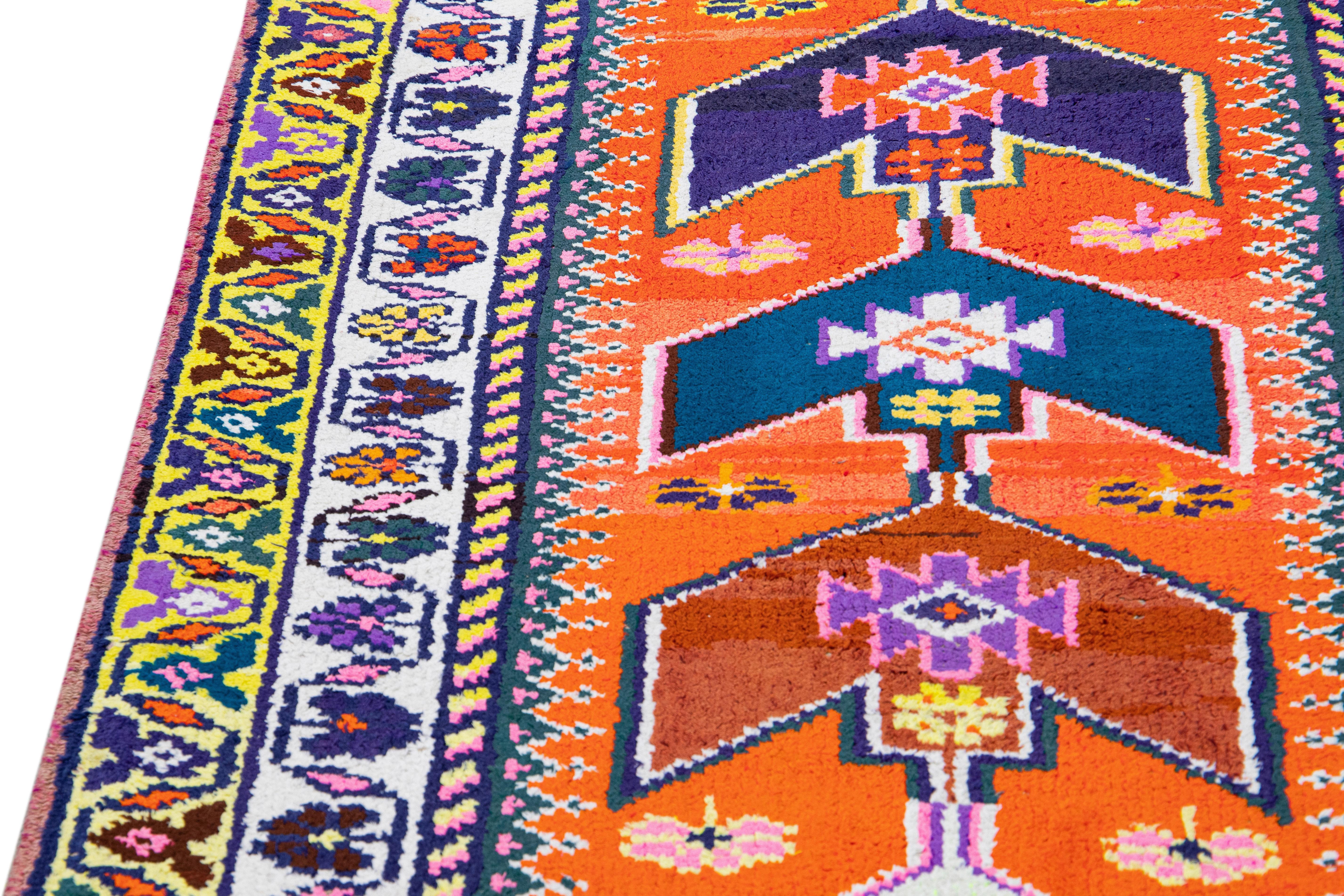 Orange Vintage Turkish Handmade Multicolor Tribal Designed Wool Runner For Sale 4