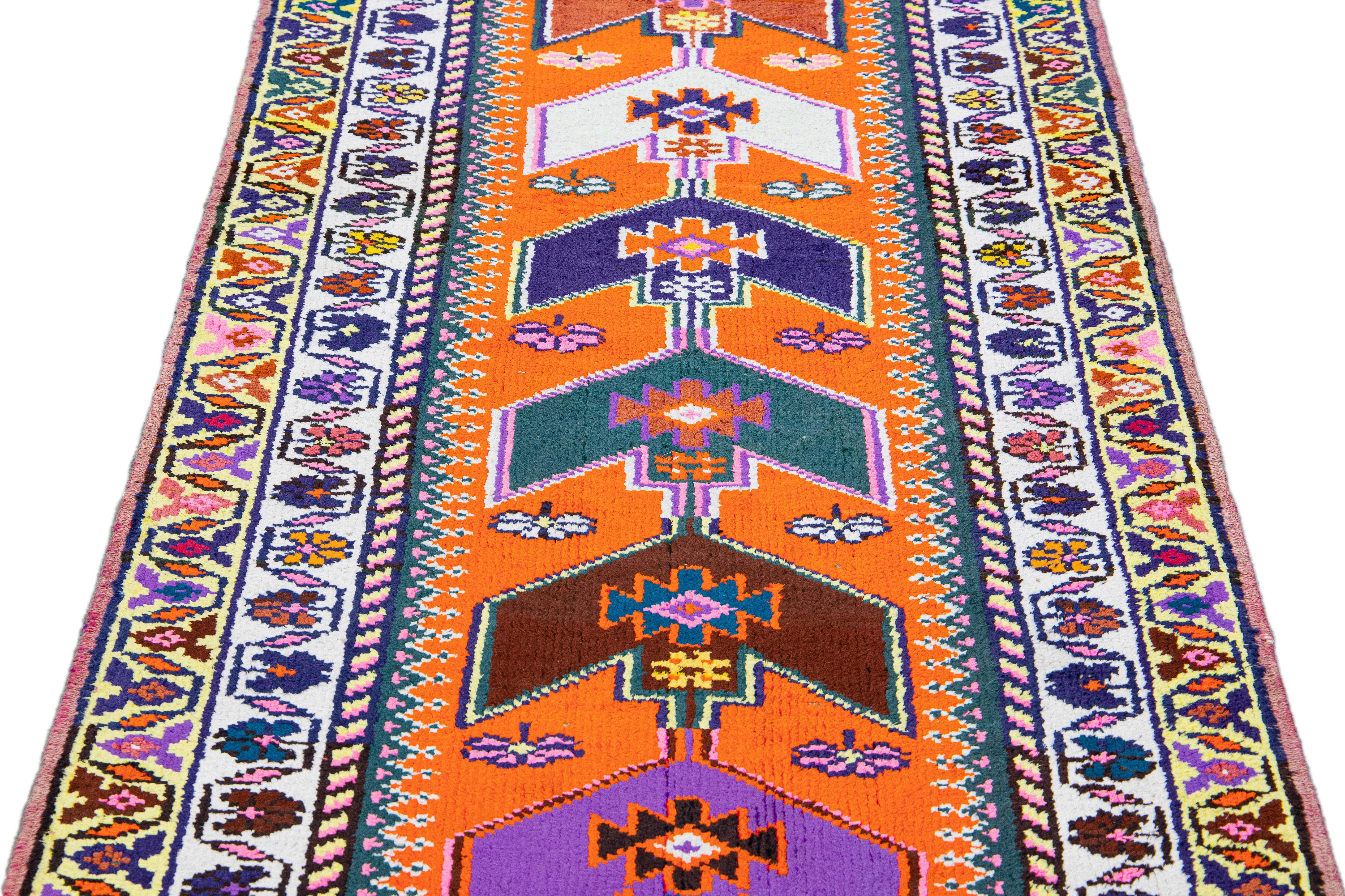Mid-Century Modern Orange Vintage Turkish Handmade Multicolor Tribal Designed Wool Runner For Sale
