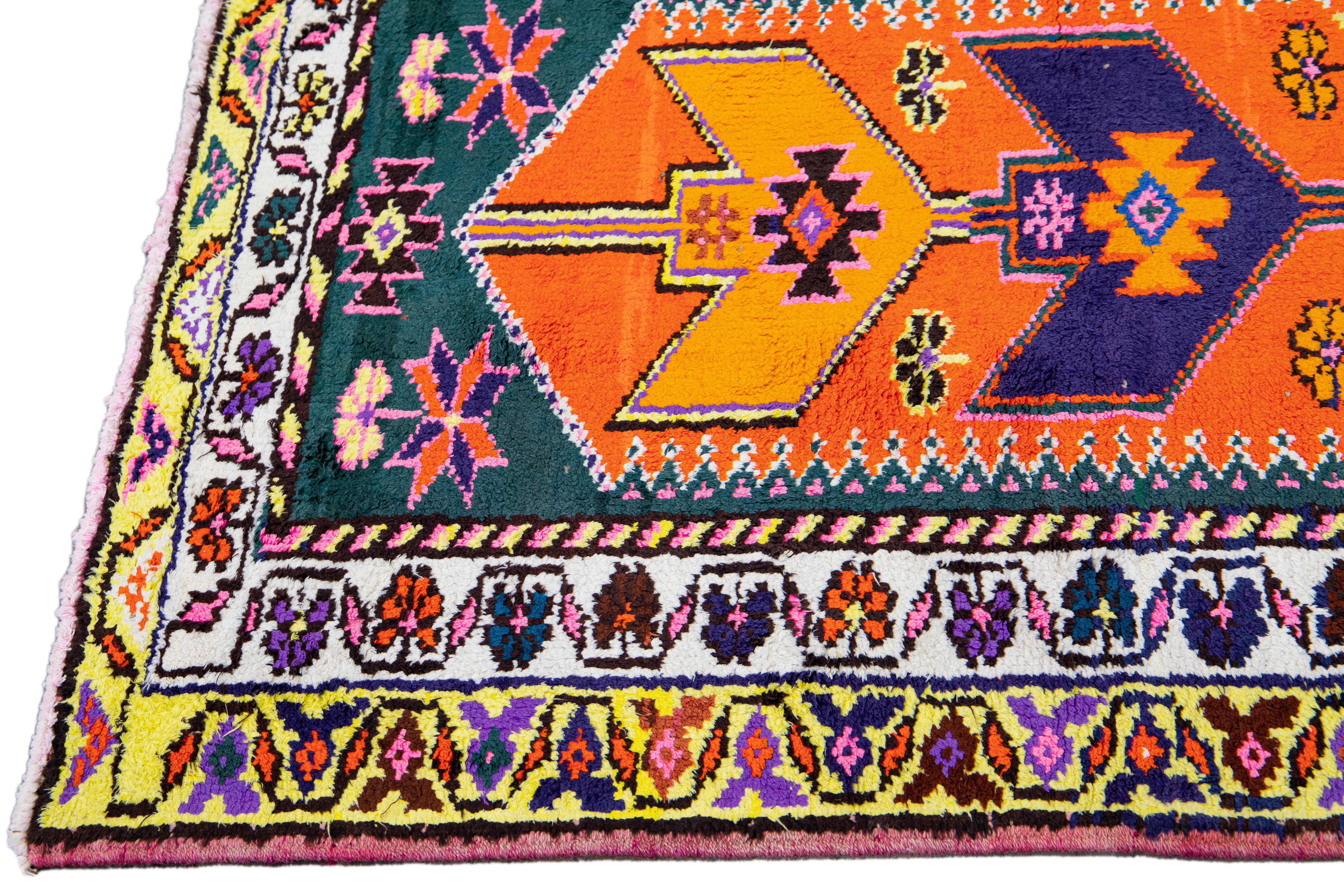 Hand-Knotted Orange Vintage Turkish Handmade Multicolor Tribal Designed Wool Runner For Sale