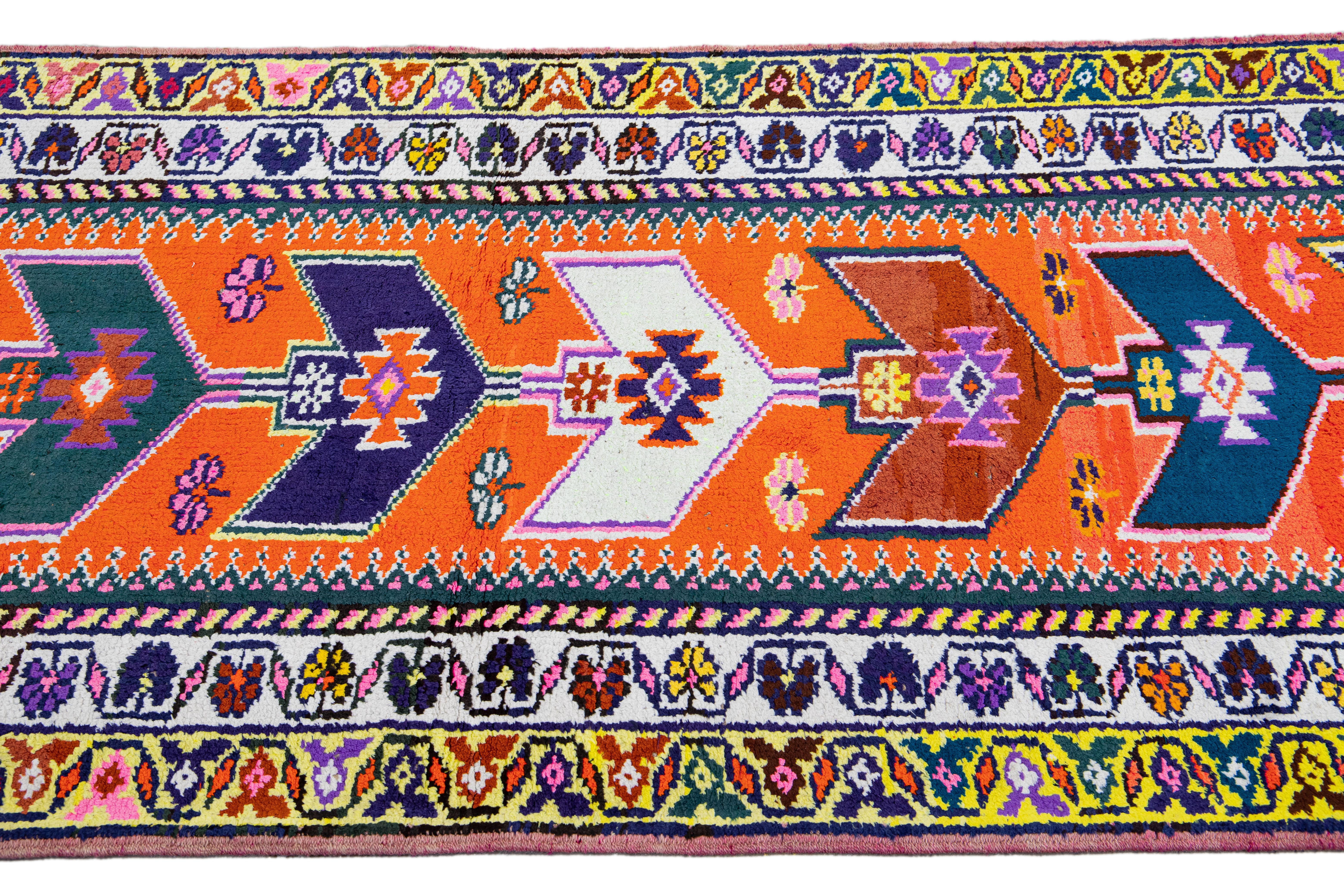 Orange Vintage Turkish Handmade Multicolor Tribal Designed Wool Runner In Excellent Condition For Sale In Norwalk, CT