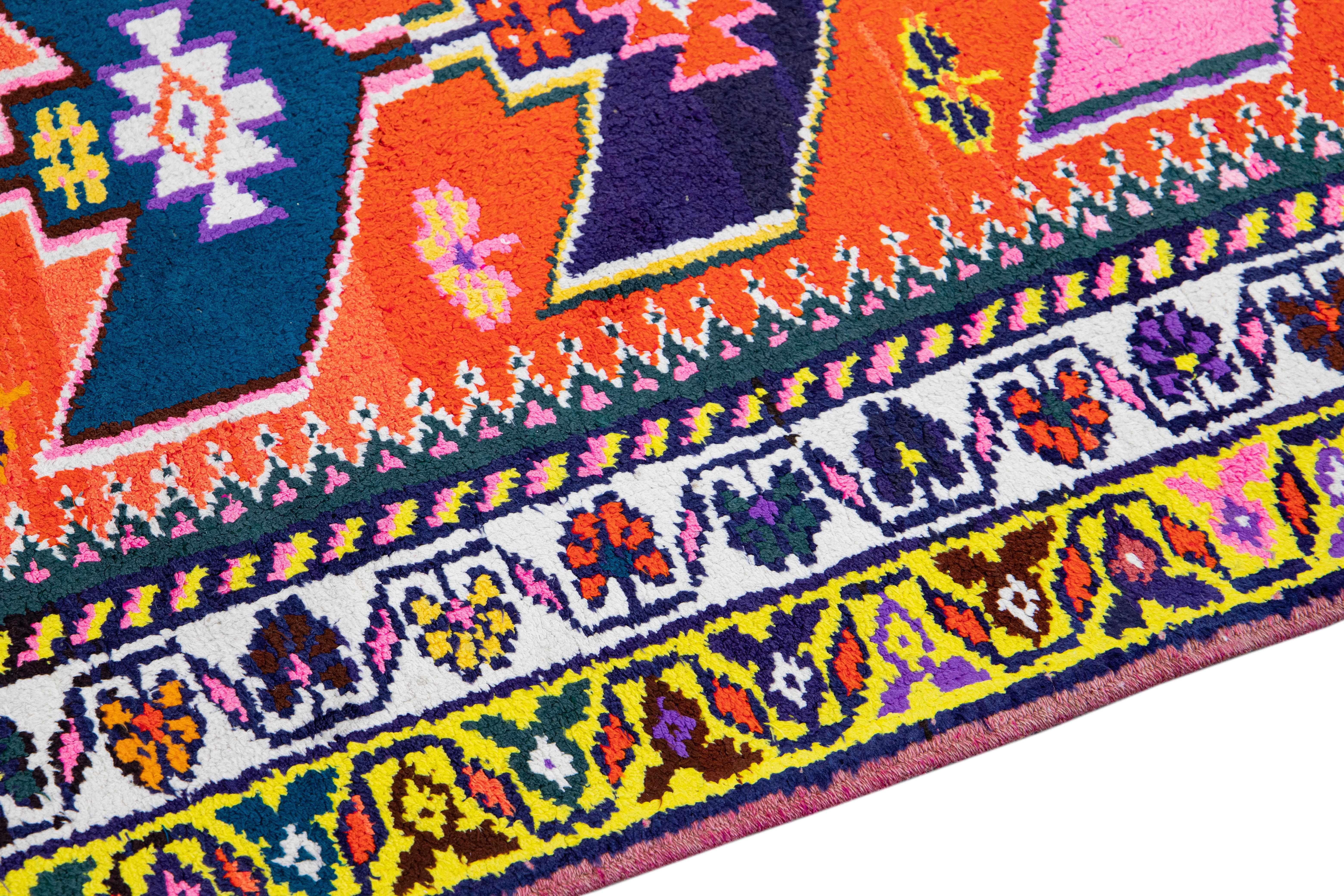 Orange Vintage Turkish Handmade Multicolor Tribal Designed Wool Runner For Sale 1
