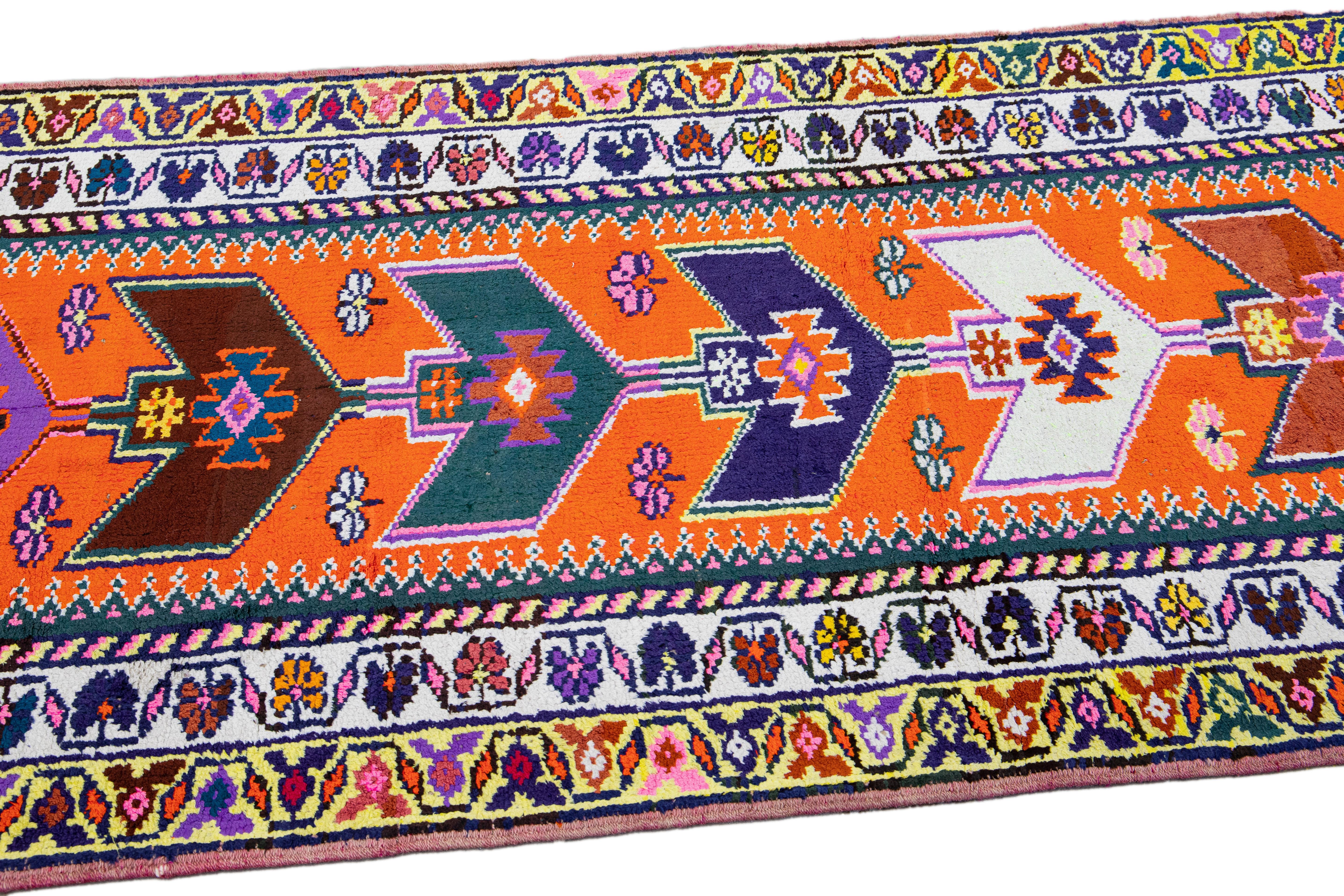 Orange Vintage Turkish Handmade Multicolor Tribal Designed Wool Runner For Sale 2