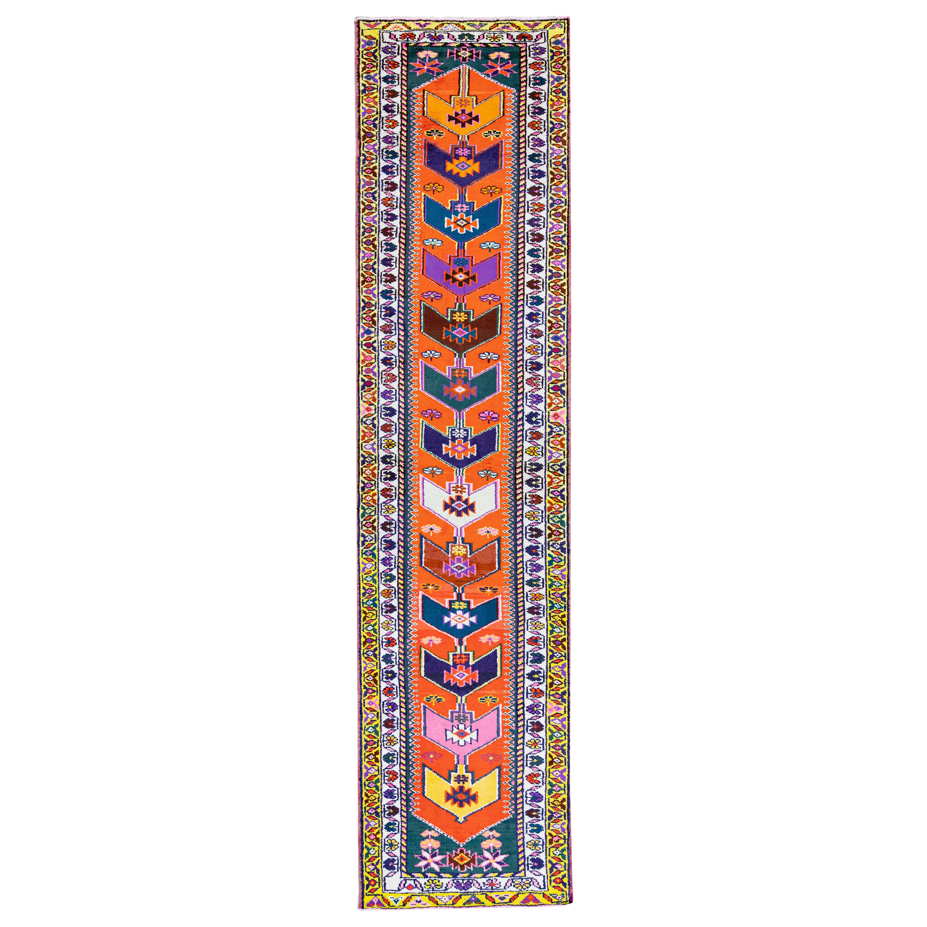 Runner in lana arancione vintage turco fatto a mano multicolore con disegno tribale