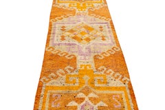 Orange Vintage Turkish Wool Runner with Tribal Geometry Design