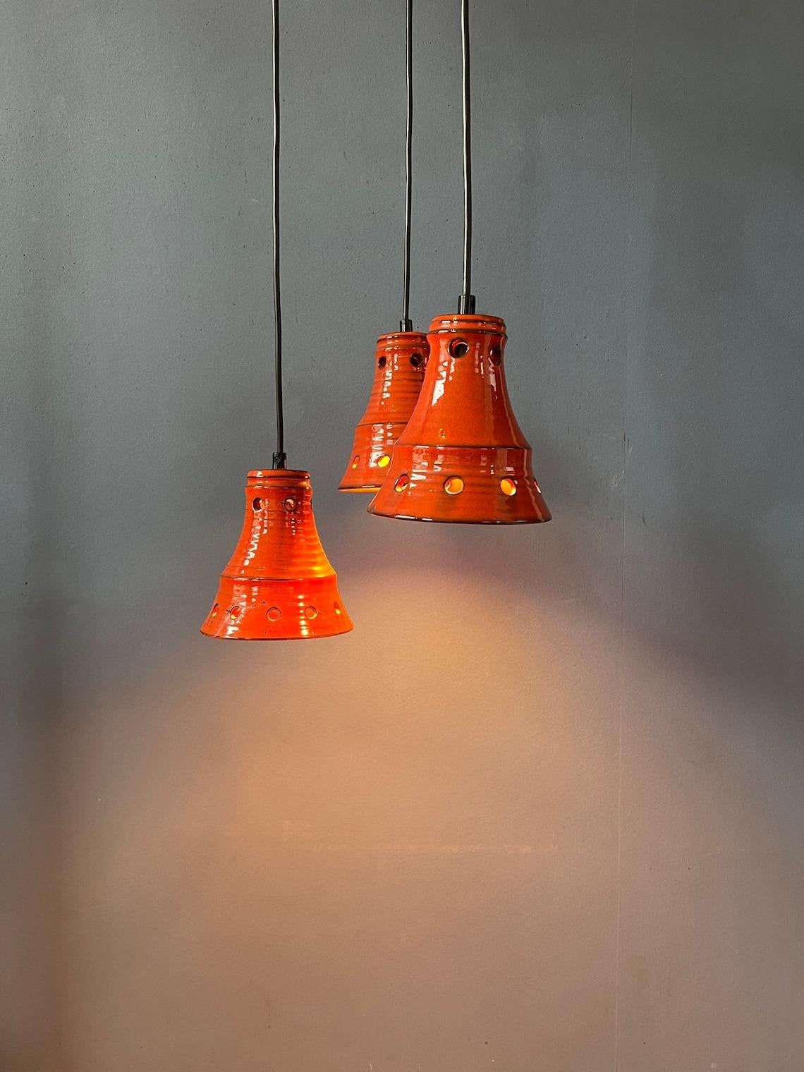 Orange West Germany Ceramic Cascade Chandelier with Three Pendant Lights, 1970s In Good Condition For Sale In ROTTERDAM, ZH