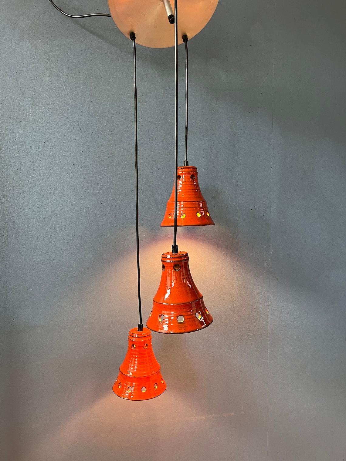 20th Century Orange West Germany Ceramic Cascade Chandelier with Three Pendant Lights, 1970s For Sale