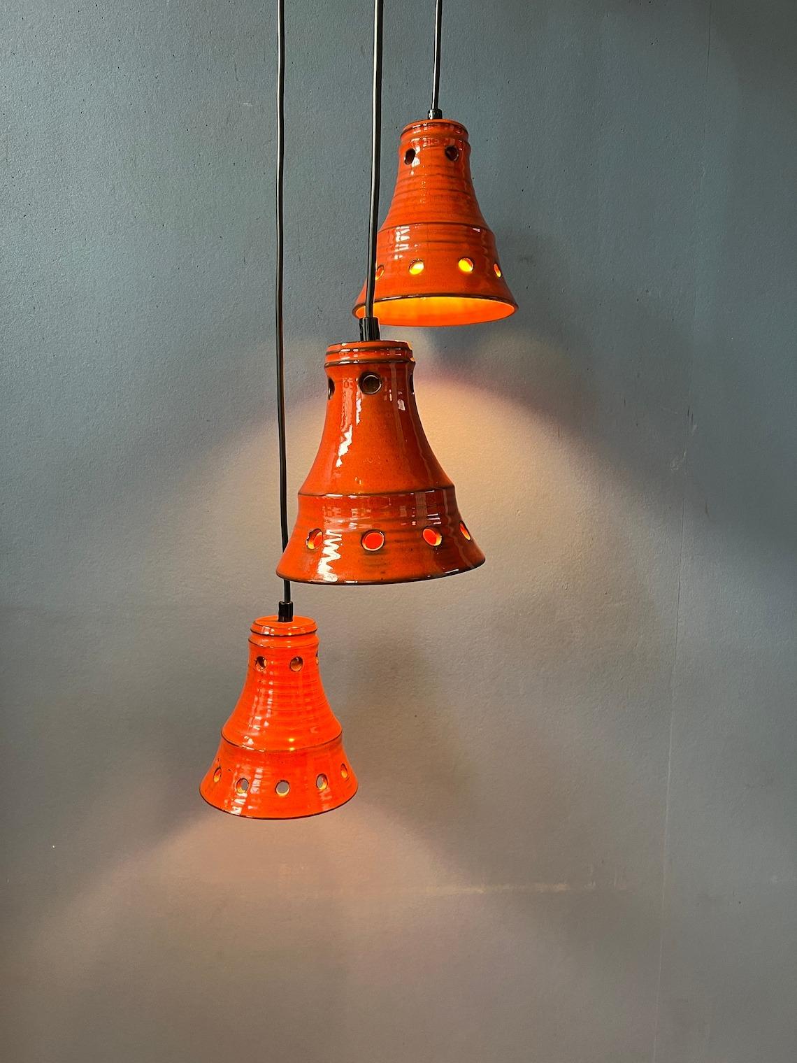 Orange West Germany Ceramic Cascade Chandelier with Three Pendant Lights, 1970s For Sale 1