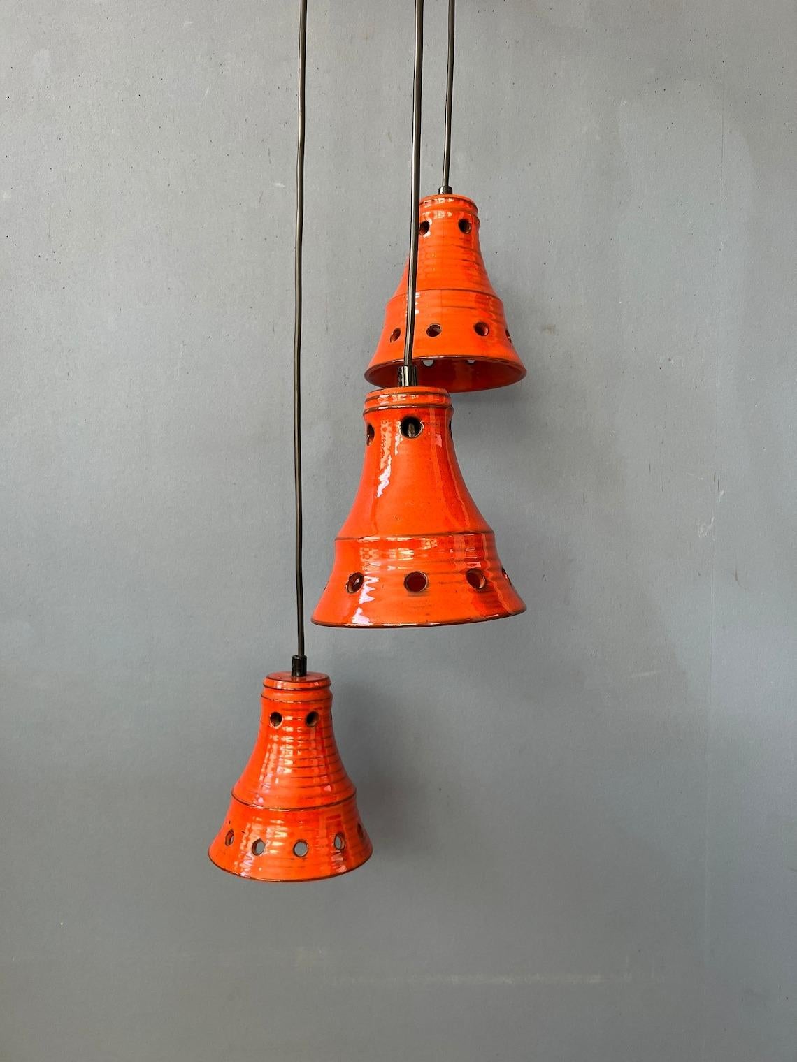 Orange West Germany Ceramic Cascade Chandelier with Three Pendant Lights, 1970s For Sale 2