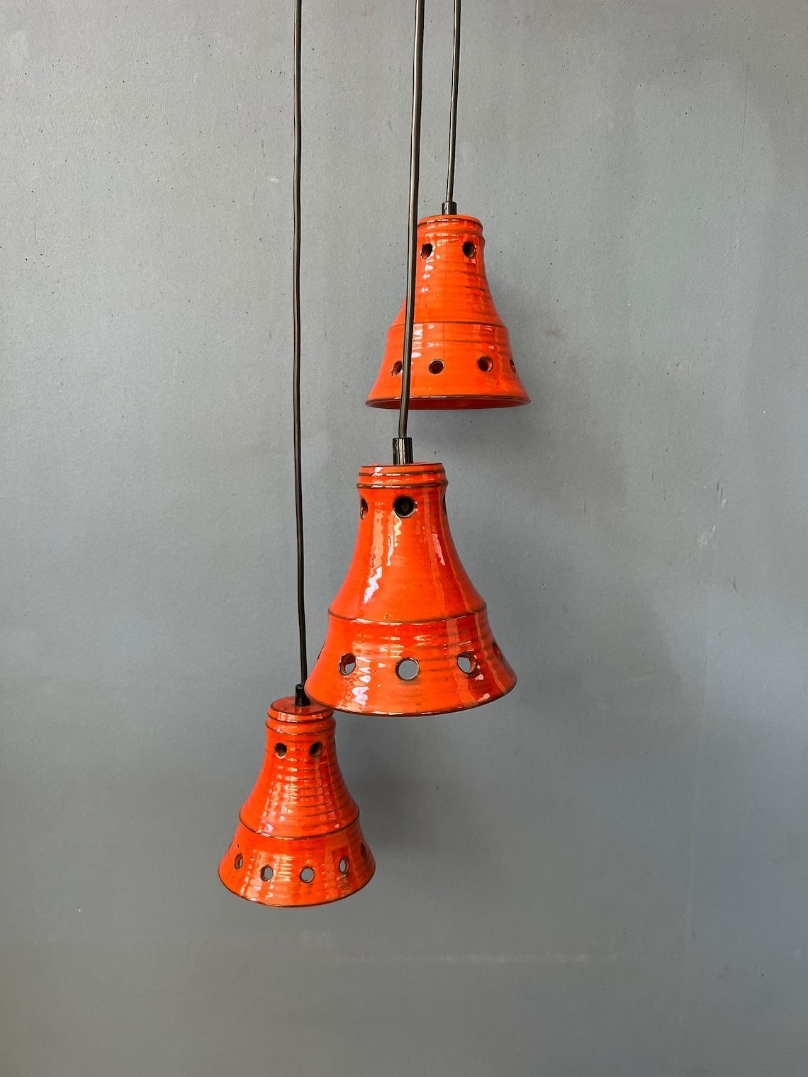 Orange West Germany Ceramic Cascade Chandelier with Three Pendant Lights, 1970s For Sale 3