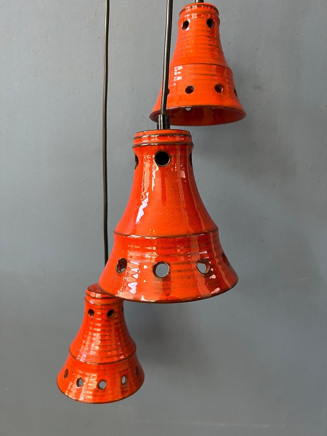Orange West Germany Ceramic Cascade Chandelier with Three Pendant Lights, 1970s For Sale 4