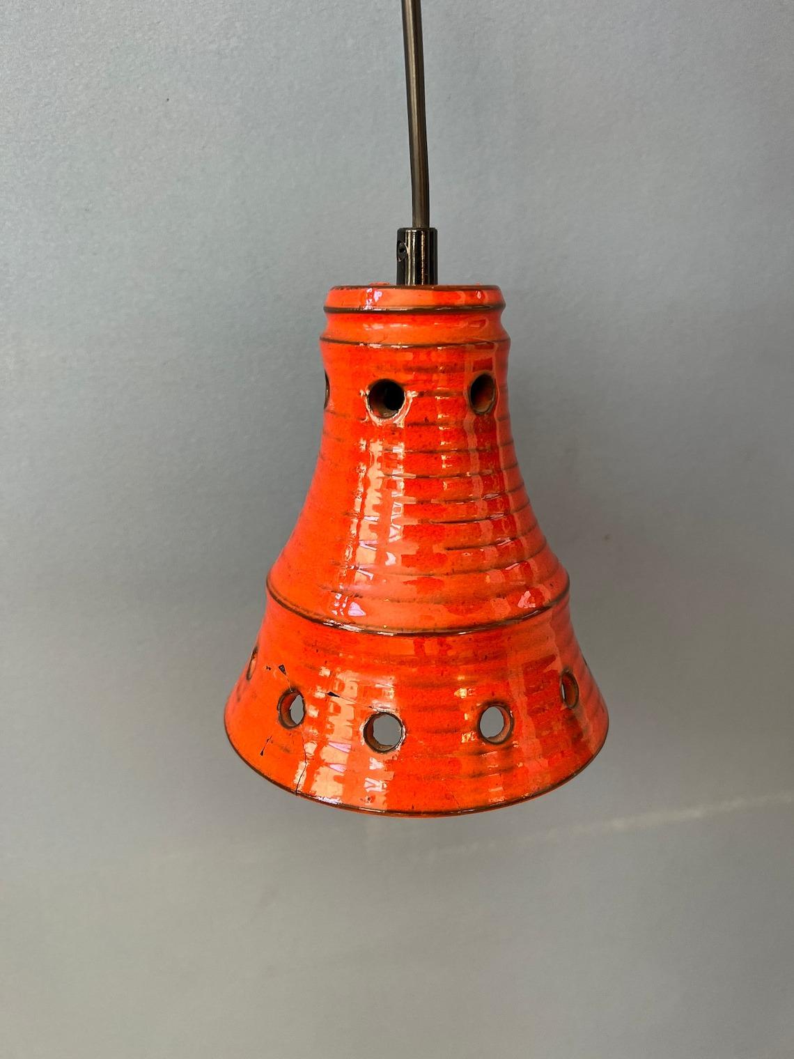 Orange West Germany Ceramic Cascade Chandelier with Three Pendant Lights, 1970s For Sale 5
