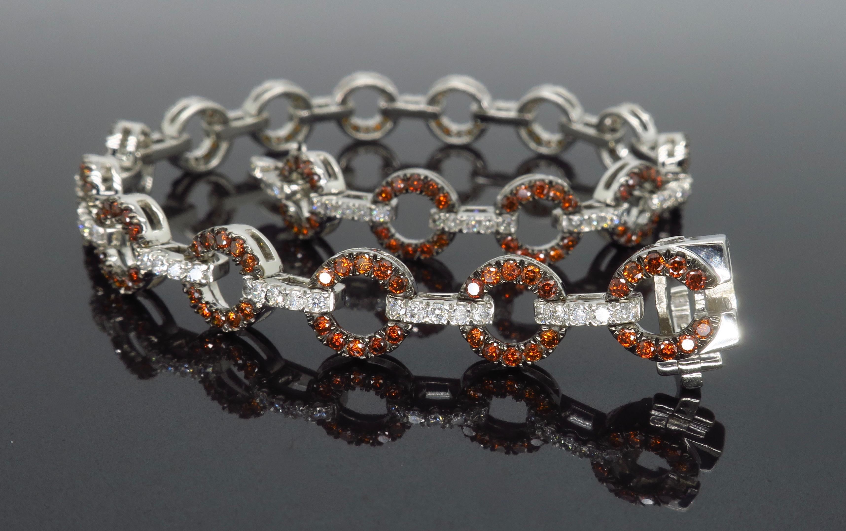 Orange and White Diamond Open Circle Tennis Bracelet In New Condition In Webster, NY