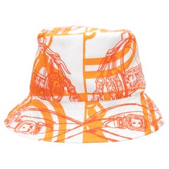 Orange & Weiß Hermes Seide gedruckt Eimer Hut Größe 58